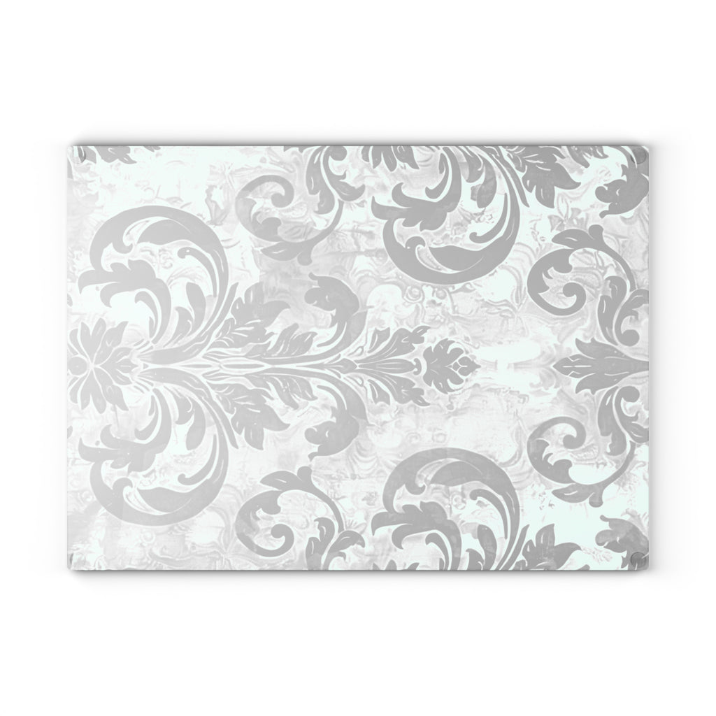 Mint and Gray Baroque Glass Cutting Board with Black Flourish Pattern