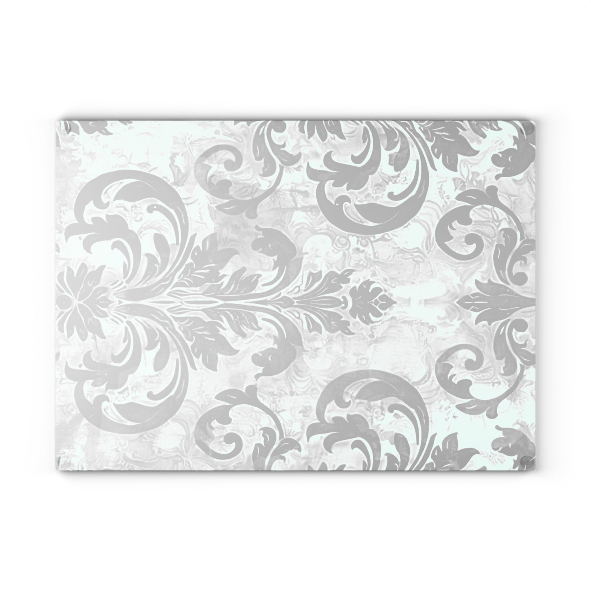Mint and Gray Baroque Glass Cutting Board with Black Flourish Pattern