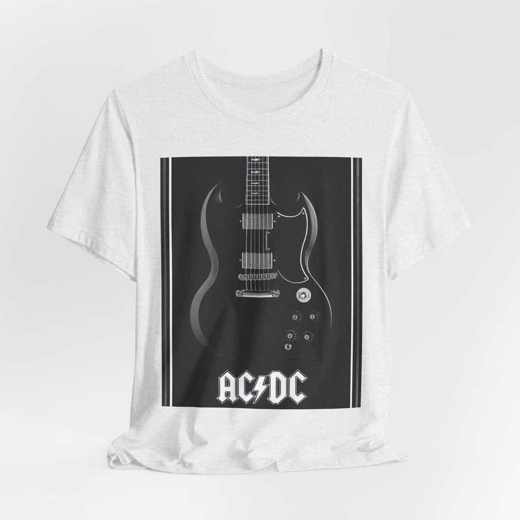 White unisex short sleeve tee featuring a black and white graphic of a rock electric guitar with AC/DC logo.