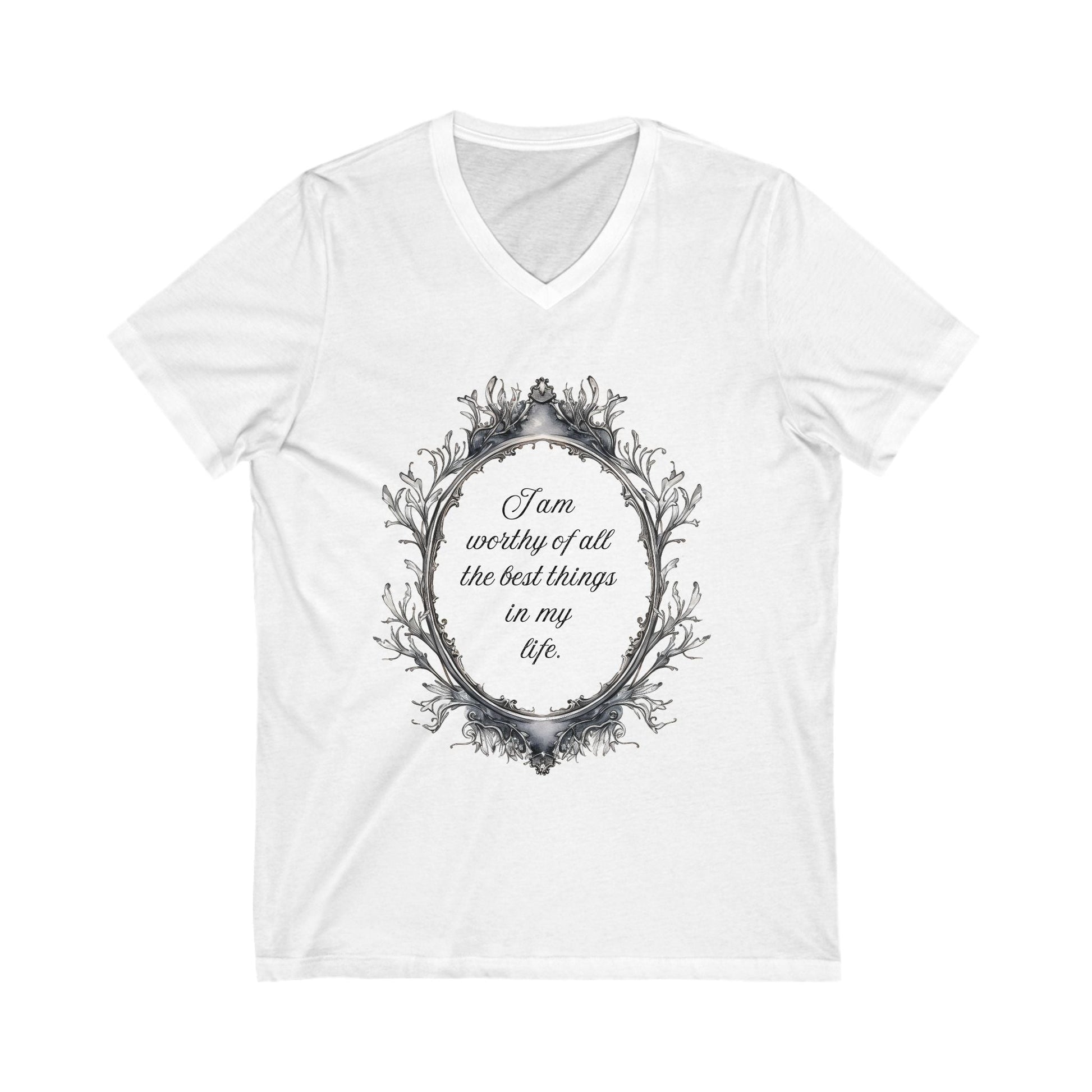 White Positive Affirmation V-Neck Tee with decorative frame and motivational text "I am worthy of all the best things in my life."
