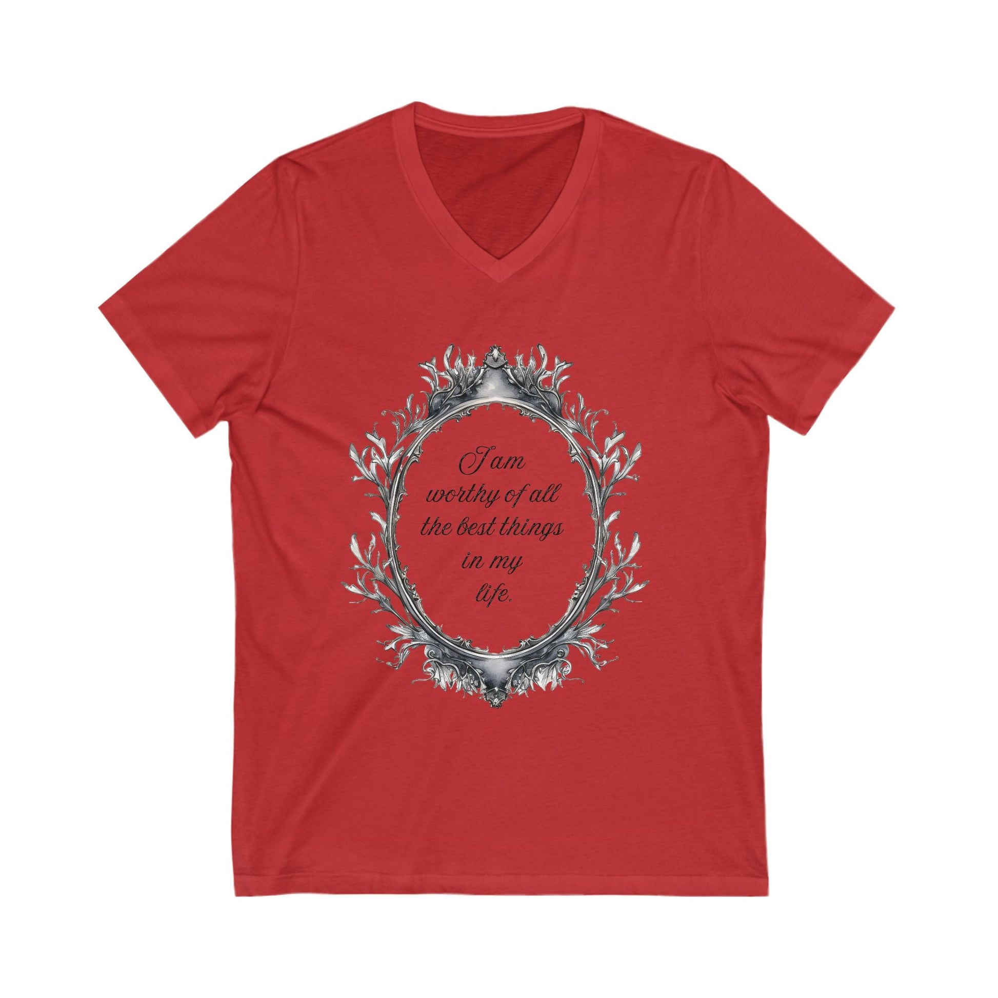 Red unisex V-neck tee with a vintage-style frame and positive affirmation text saying "I am worthy of all the best things in my life" on the front.