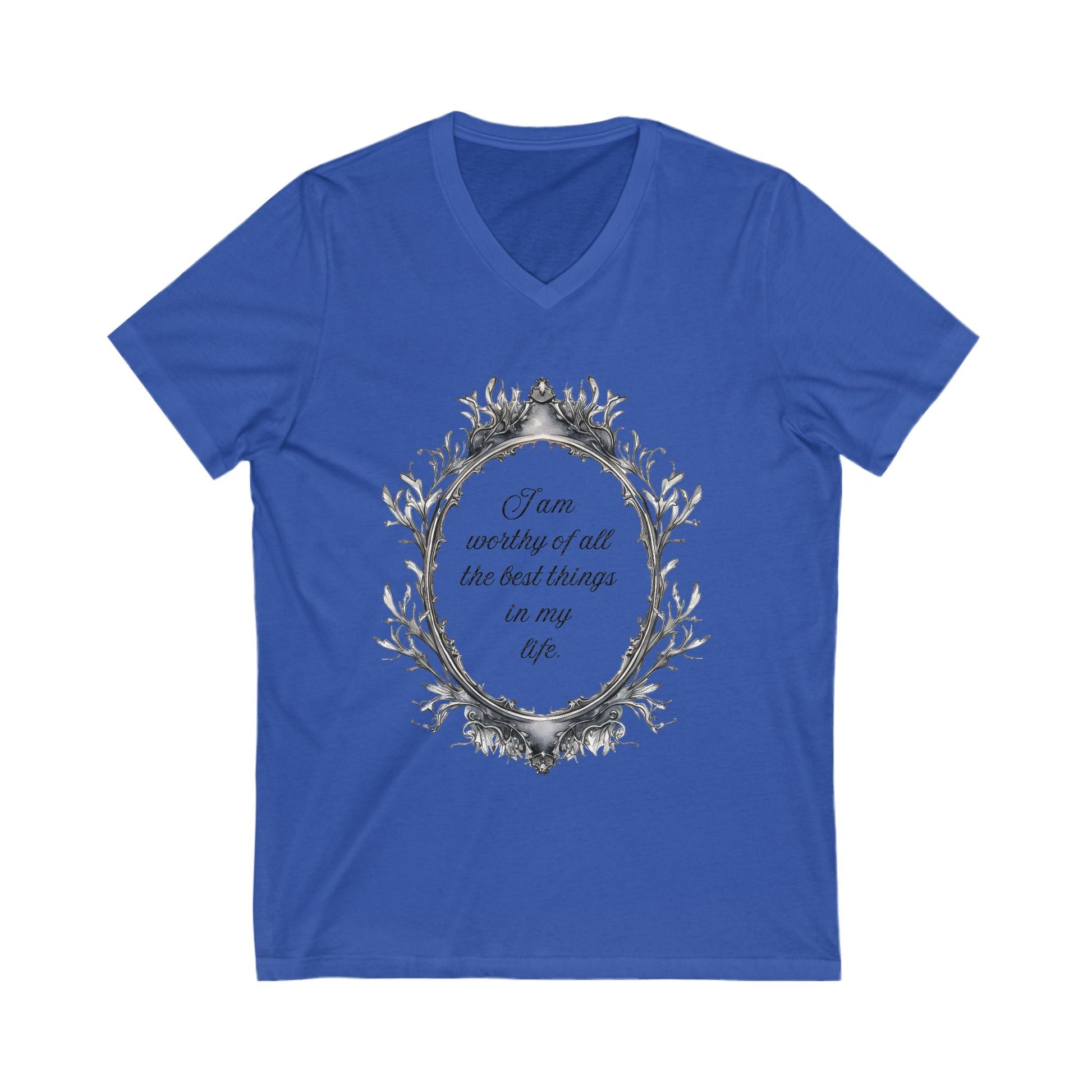 Blue positive affirmation V-neck tee with decorative frame and motivational text design