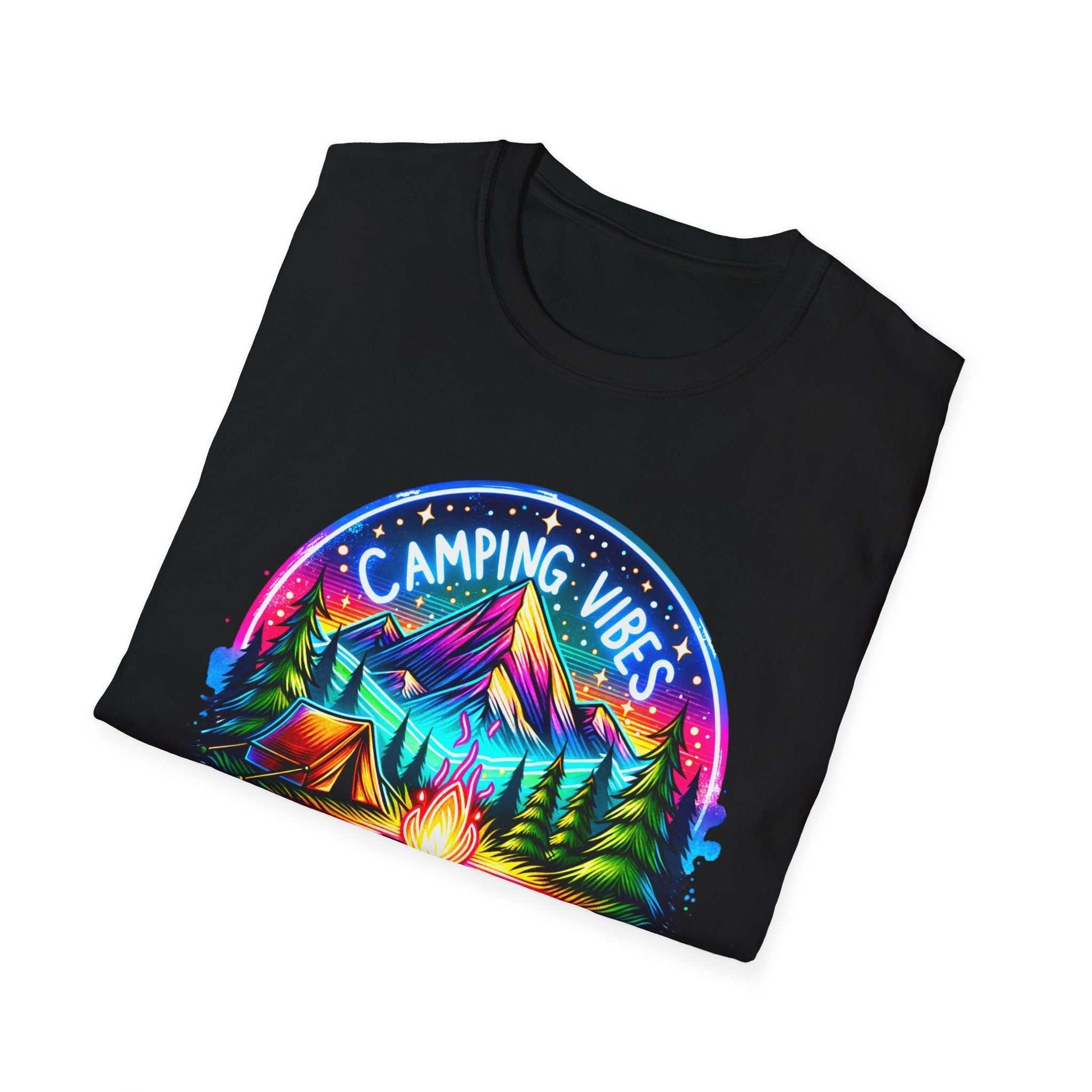 Unisex black softstyle t-shirt with colorful Camping Vibes mountain and campfire design