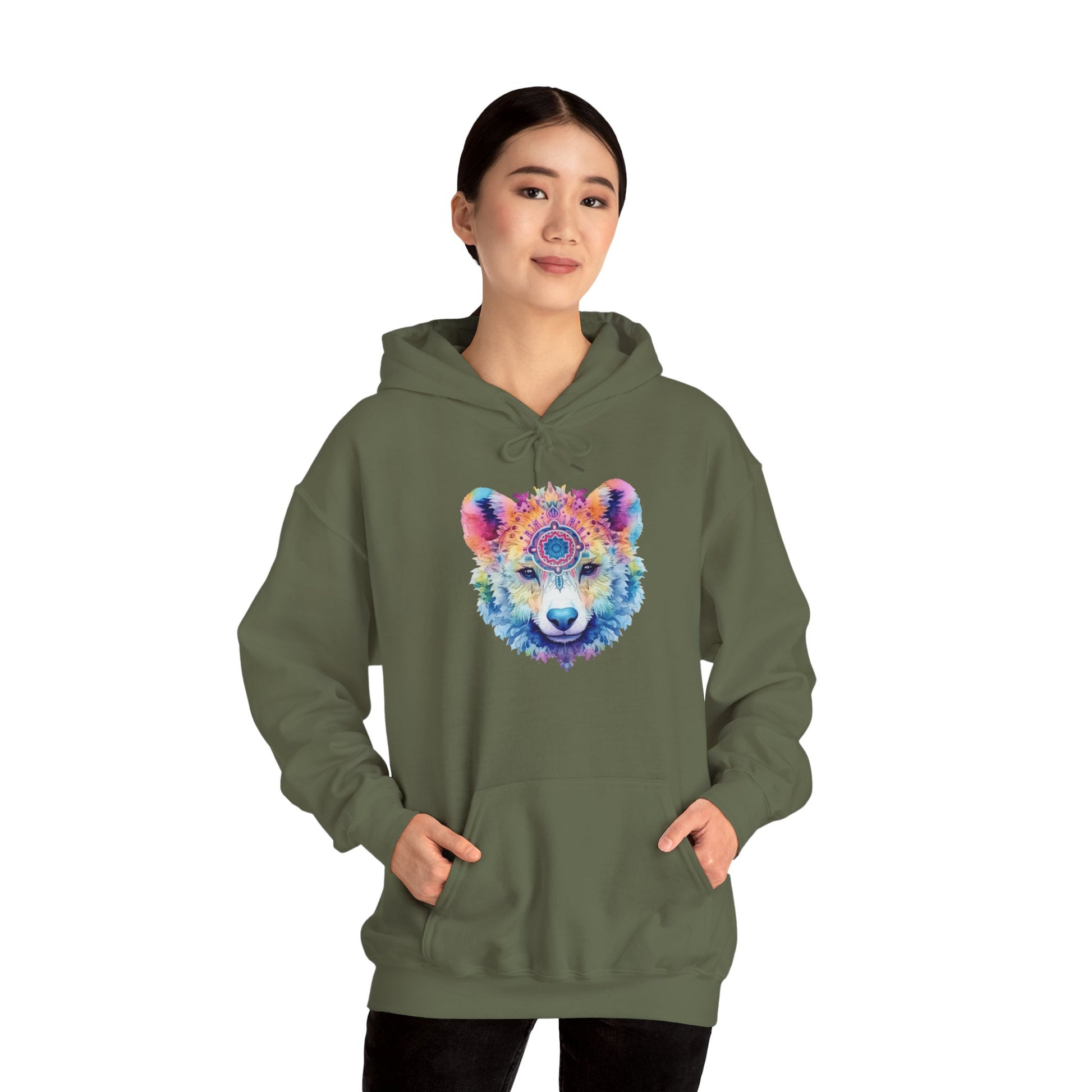Mandala Bear Hoodie – Vibrant Watercolor Animal Art Sweatshirt for Bold, Free-Spirited Souls