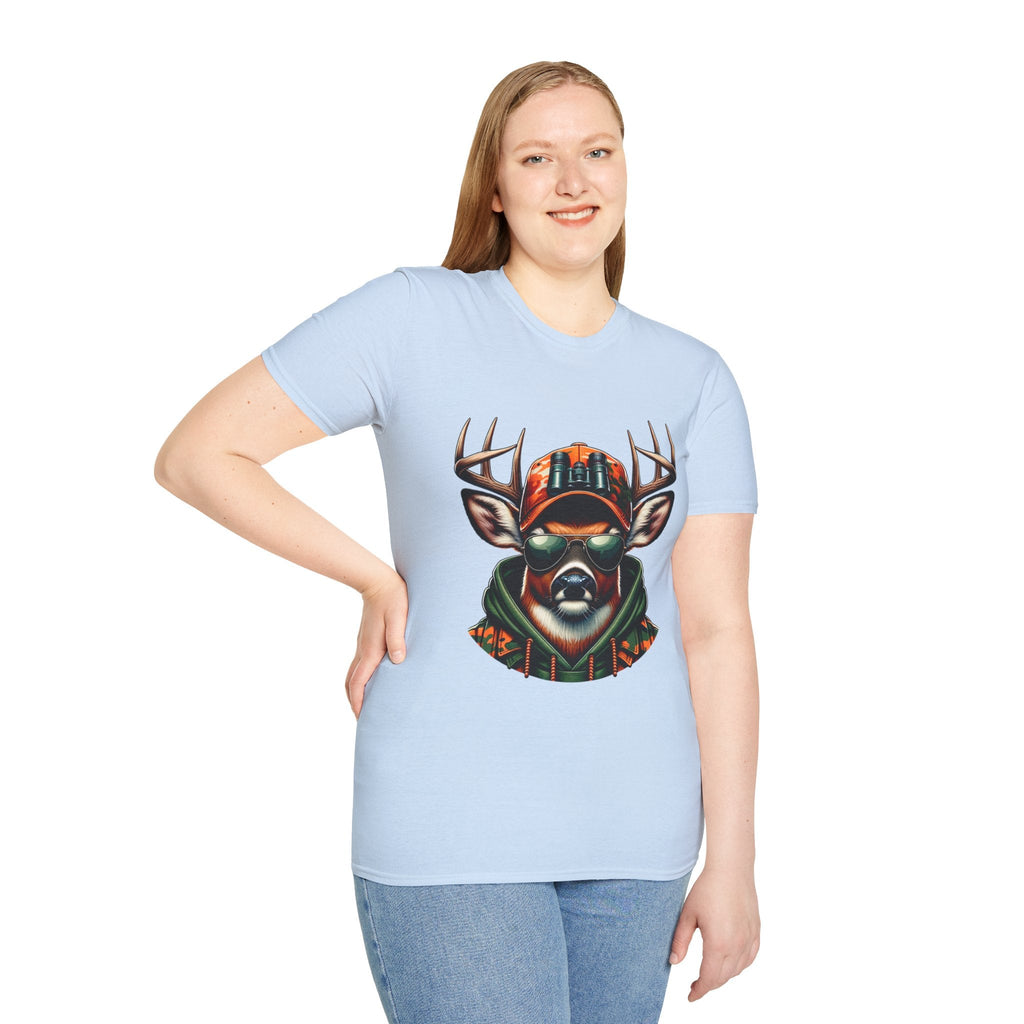 Woman wearing light blue Hunting Enthusiast T-Shirt with graphic of deer in sunglasses and hunting gear, paired with jeans.