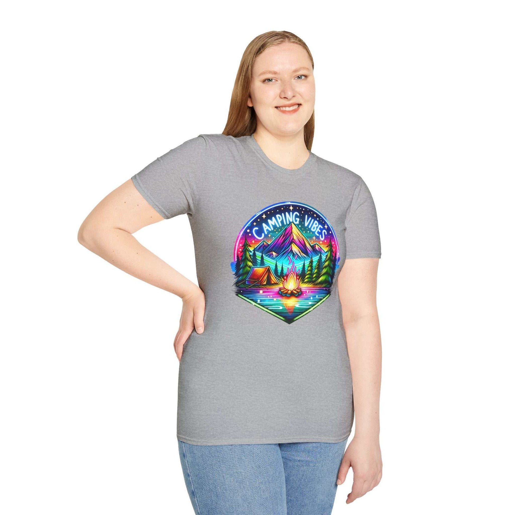 Unisex gray softstyle t-shirt with colorful Camping Vibes design featuring mountains, campfire, and tents.