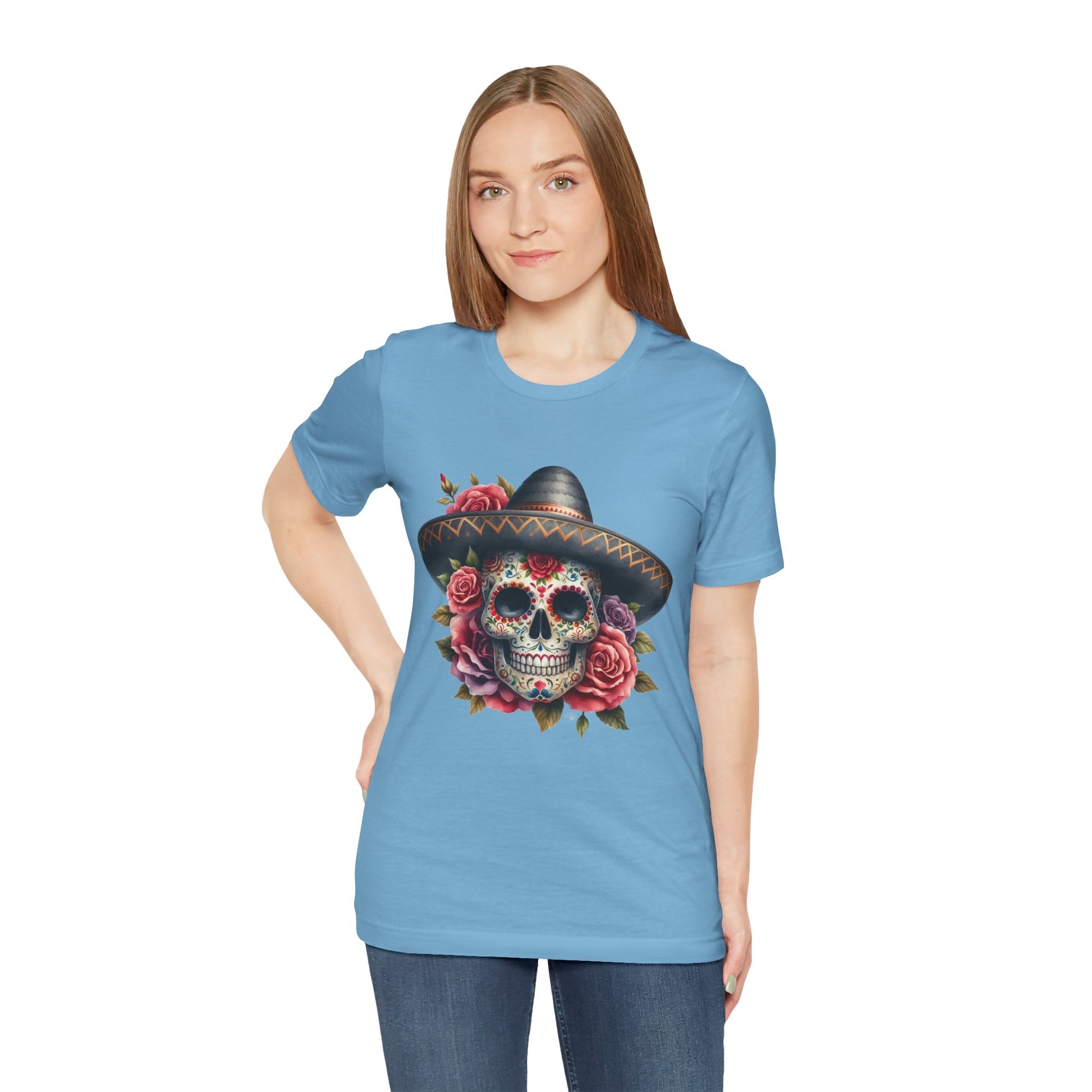 Colorful tee featuring a sugar skull in sombrero and roses for vibrant fiesta vibes