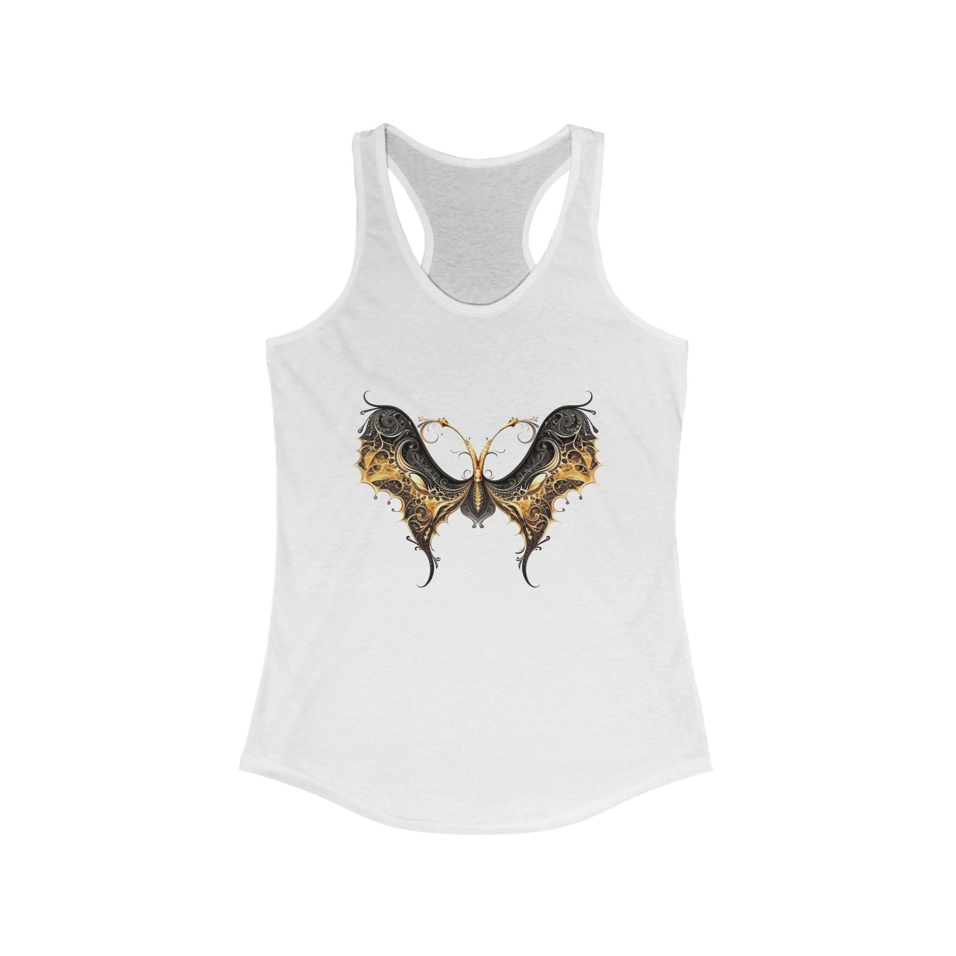 Racerback tank with an elegant black and gold butterfly for chic, artistic flair