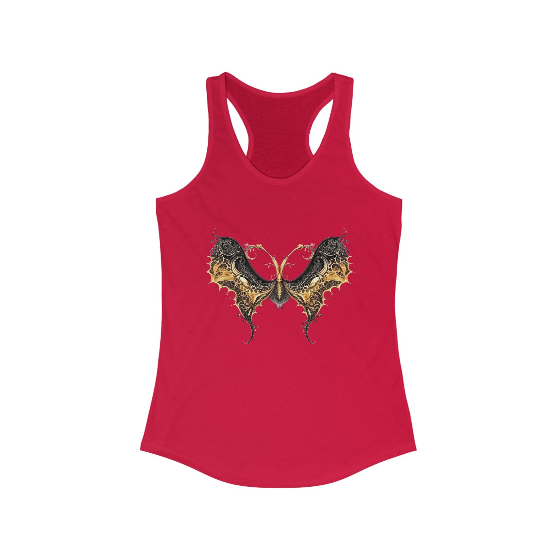 Racerback tank with an elegant black and gold butterfly for chic, artistic flair