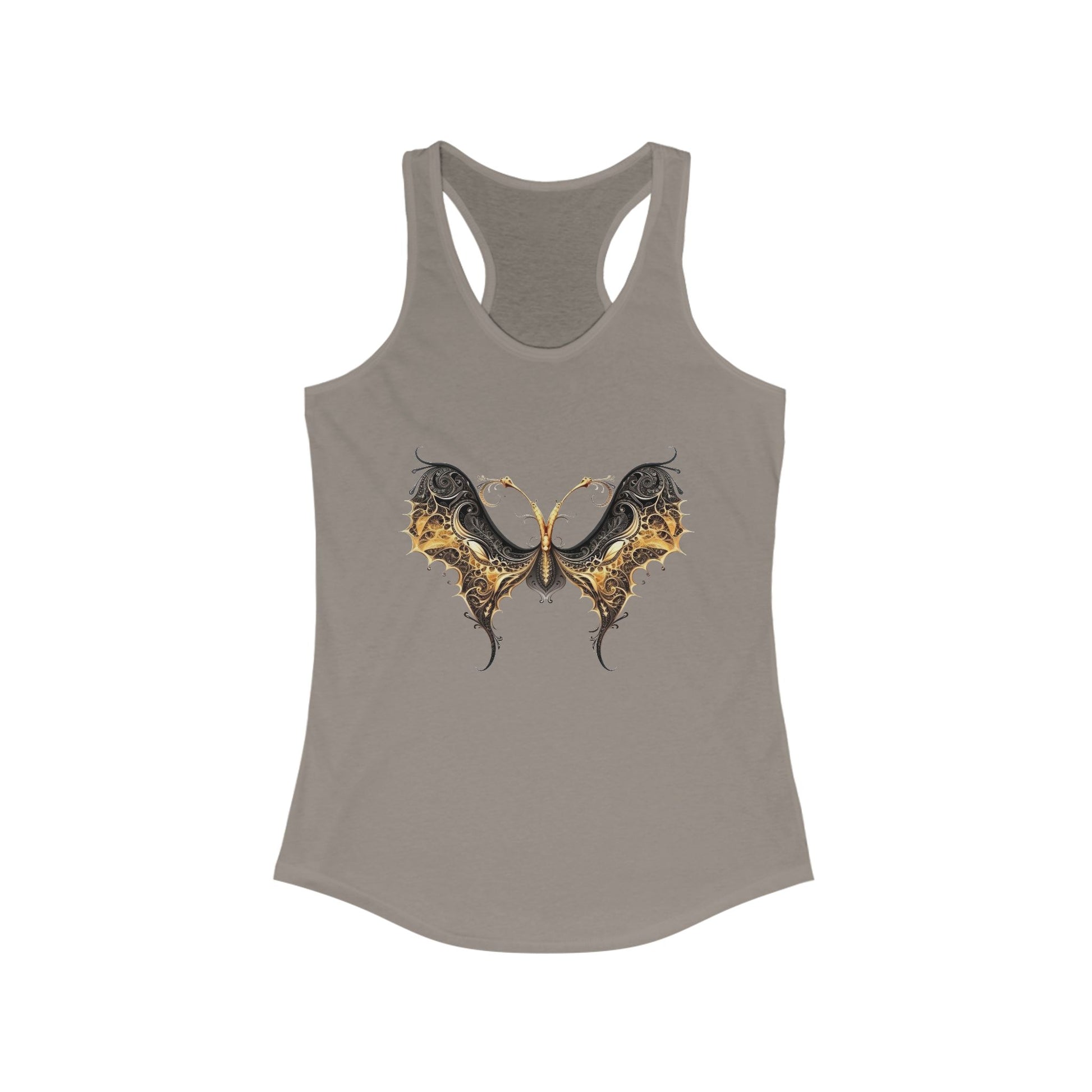Racerback tank with an elegant black and gold butterfly for chic, artistic flair