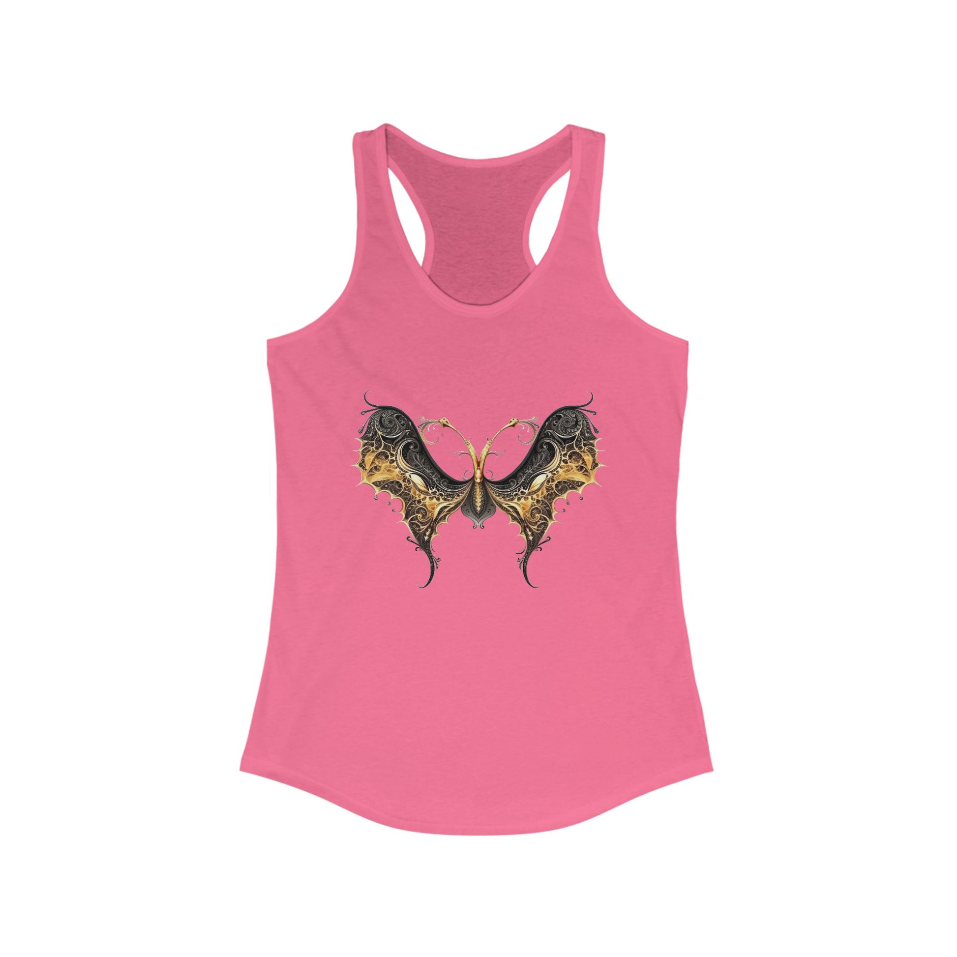 Racerback tank with an elegant black and gold butterfly for chic, artistic flair