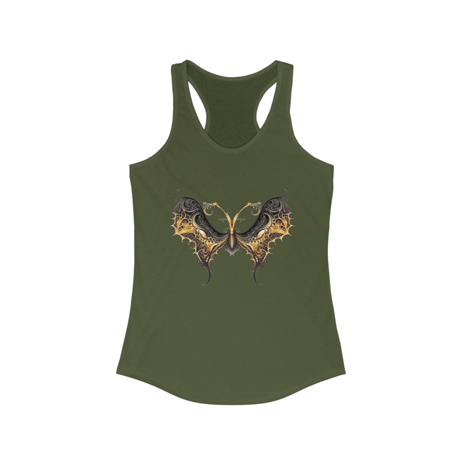 Racerback tank with an elegant black and gold butterfly for chic, artistic flair