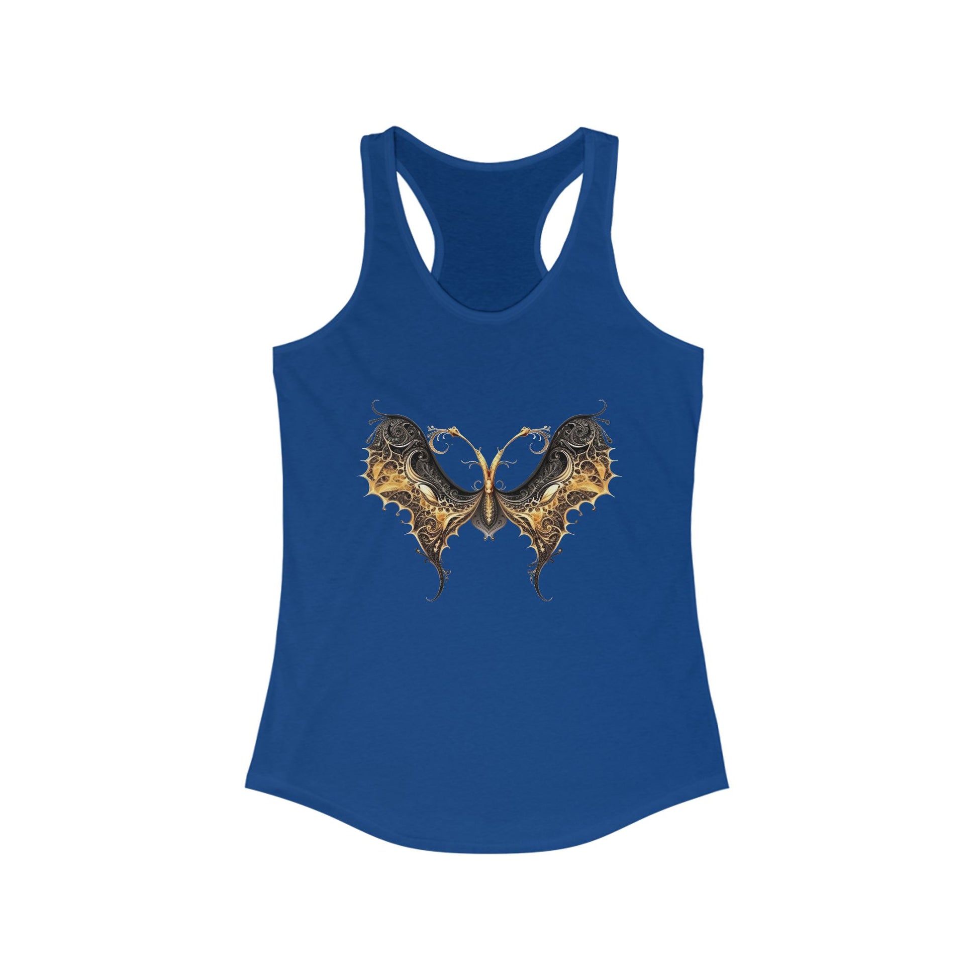 Racerback tank with an elegant black and gold butterfly for chic, artistic flair