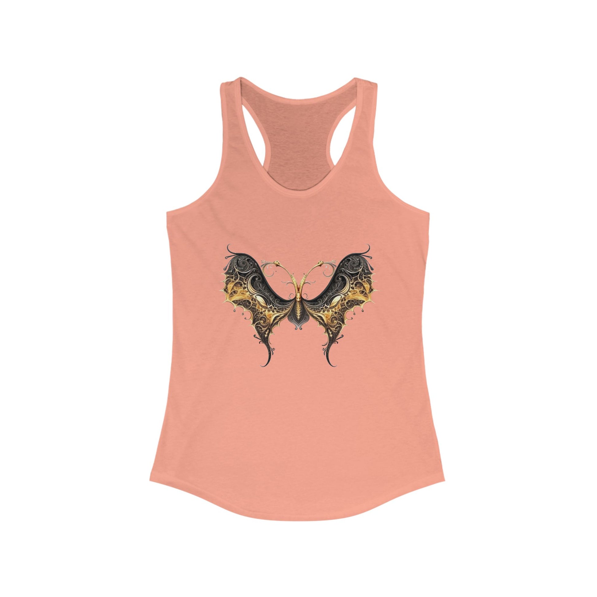 Racerback tank with an elegant black and gold butterfly for chic, artistic flair