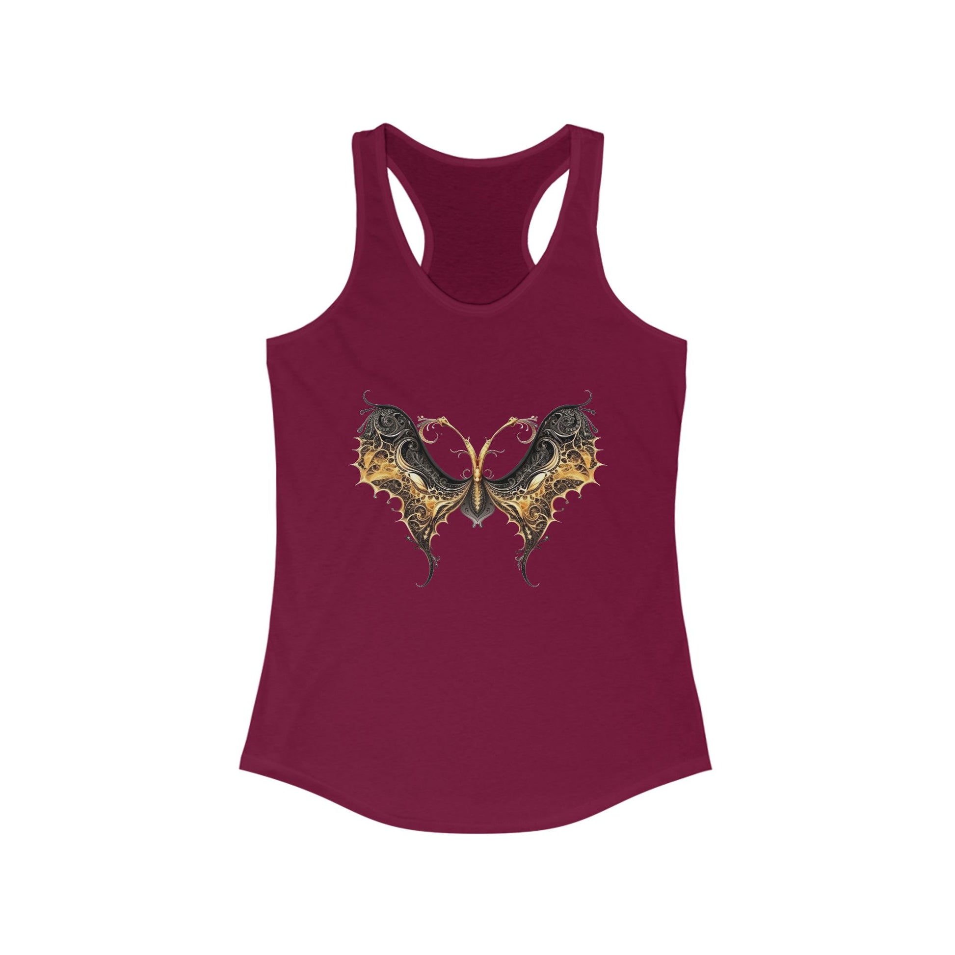 Racerback tank with an elegant black and gold butterfly for chic, artistic flair