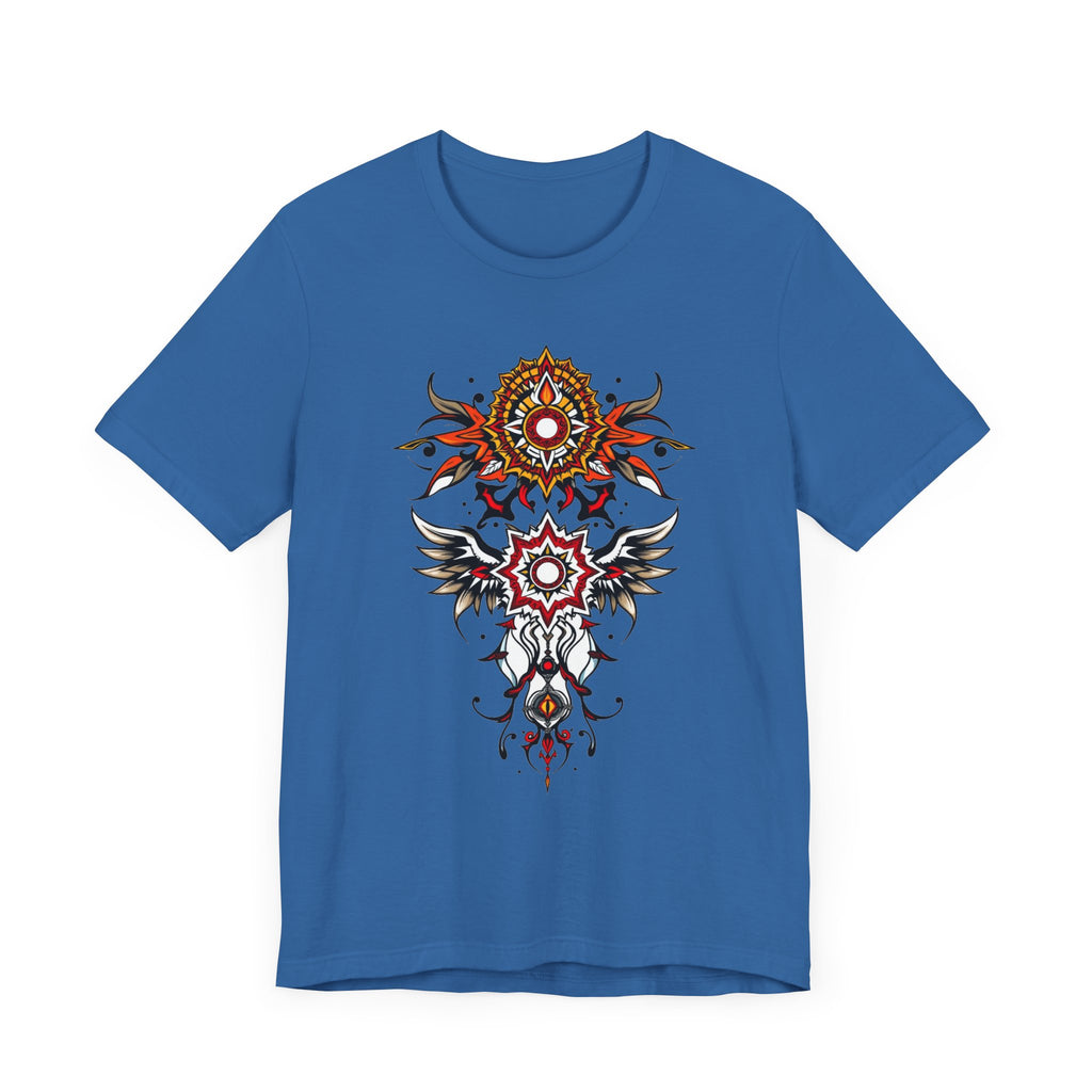 Turn heads in this tee, available in vibrant colors, showcasing a fiery red and gold tribal mandala for bold, artistic style
