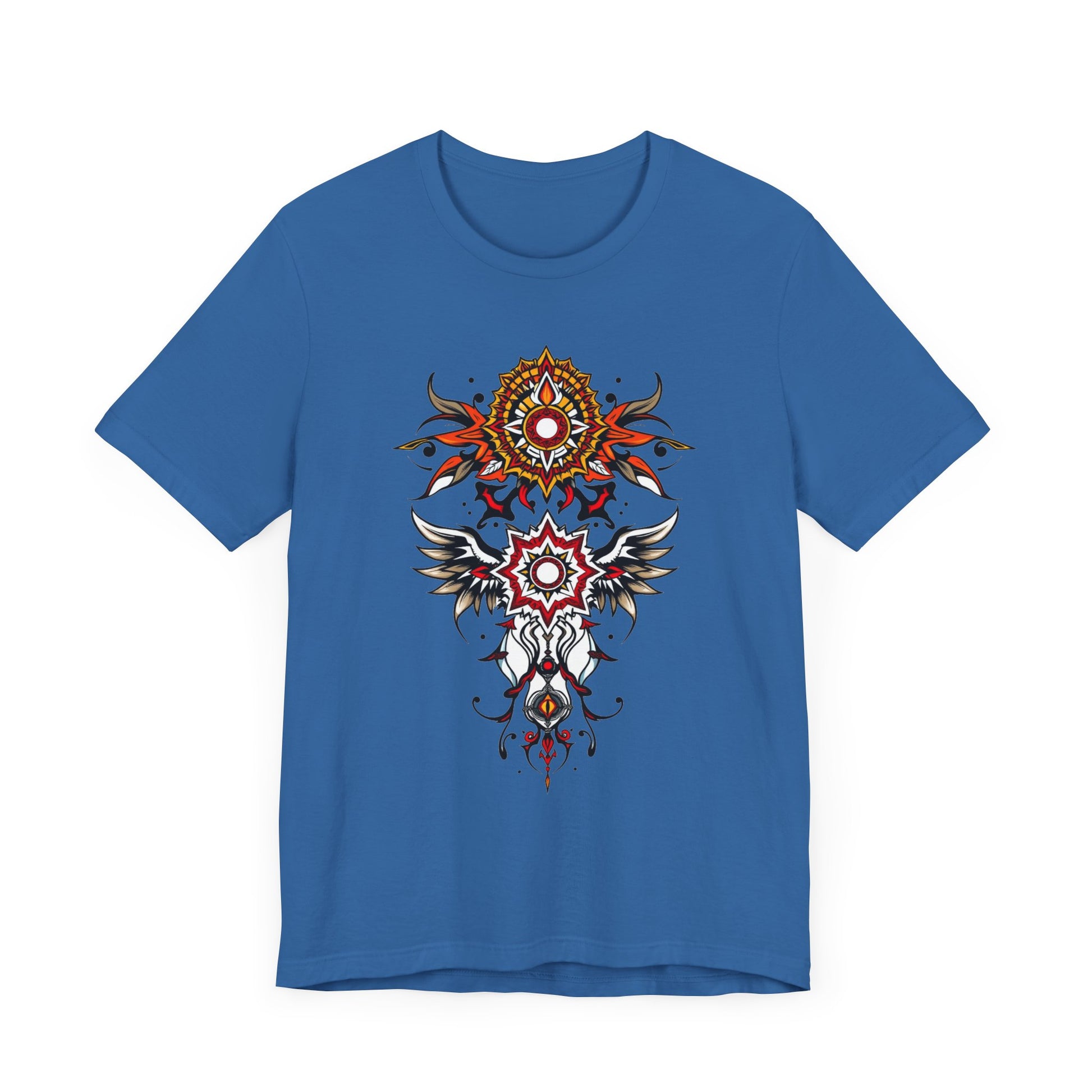 Turn heads in this tee, available in vibrant colors, showcasing a fiery red and gold tribal mandala for bold, artistic style