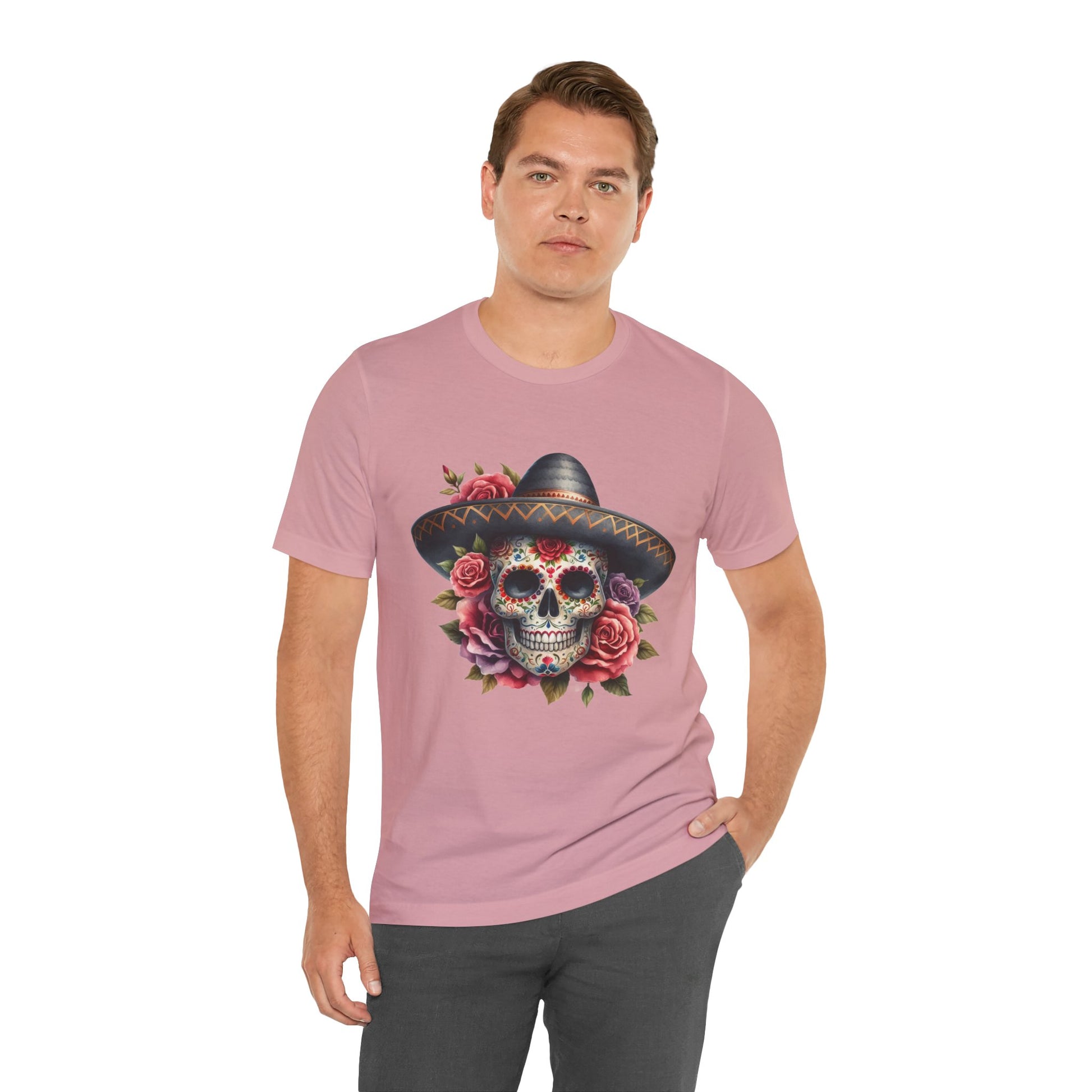 Colorful tee featuring a sugar skull in sombrero and roses for vibrant fiesta vibes