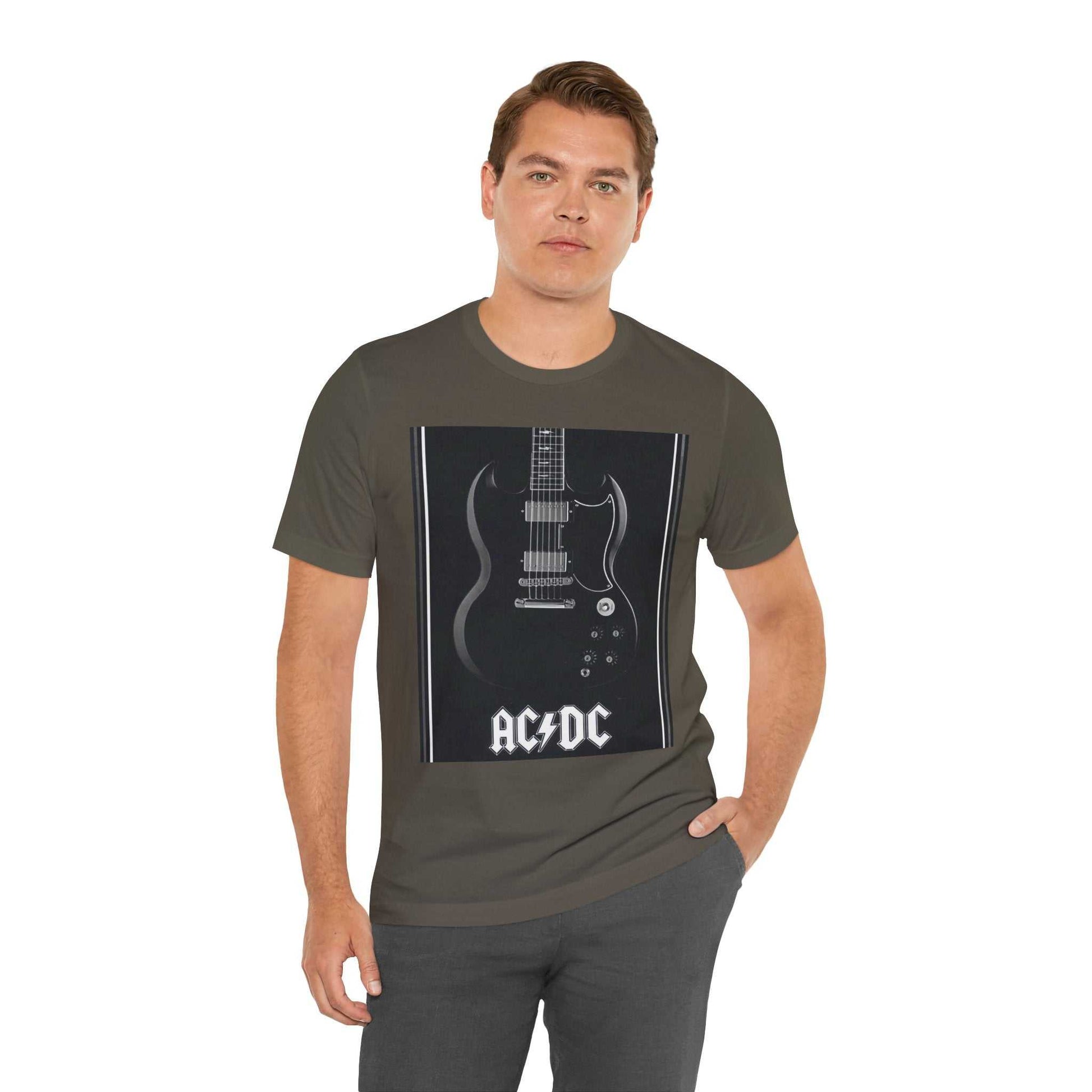 Man wearing a dark olive rock guitar graphic tee featuring an electric guitar and AC/DC logo.