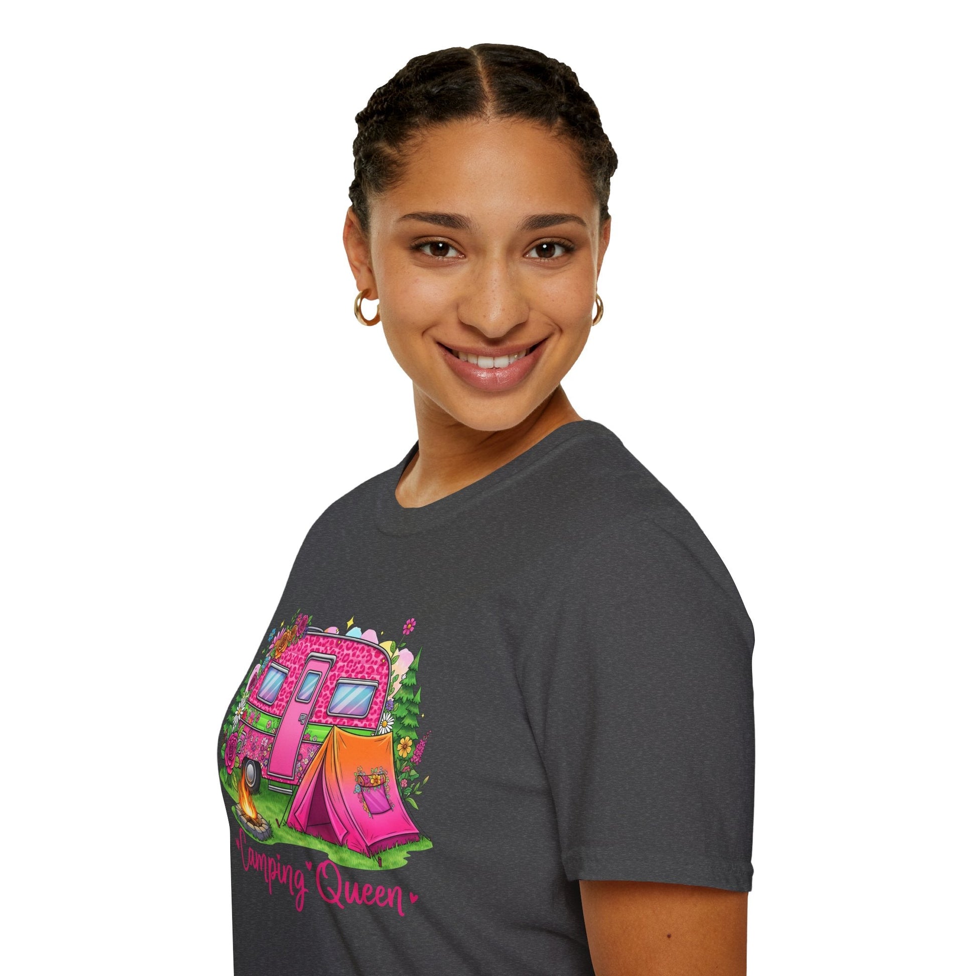 Woman wearing a gray Camping Queen T-Shirt with colorful campervan and tent design.