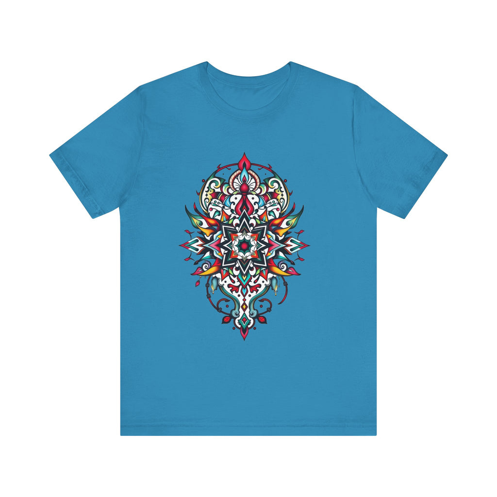 Bold tee featuring a vibrant, intricate mandala design, offered in multiple color options
