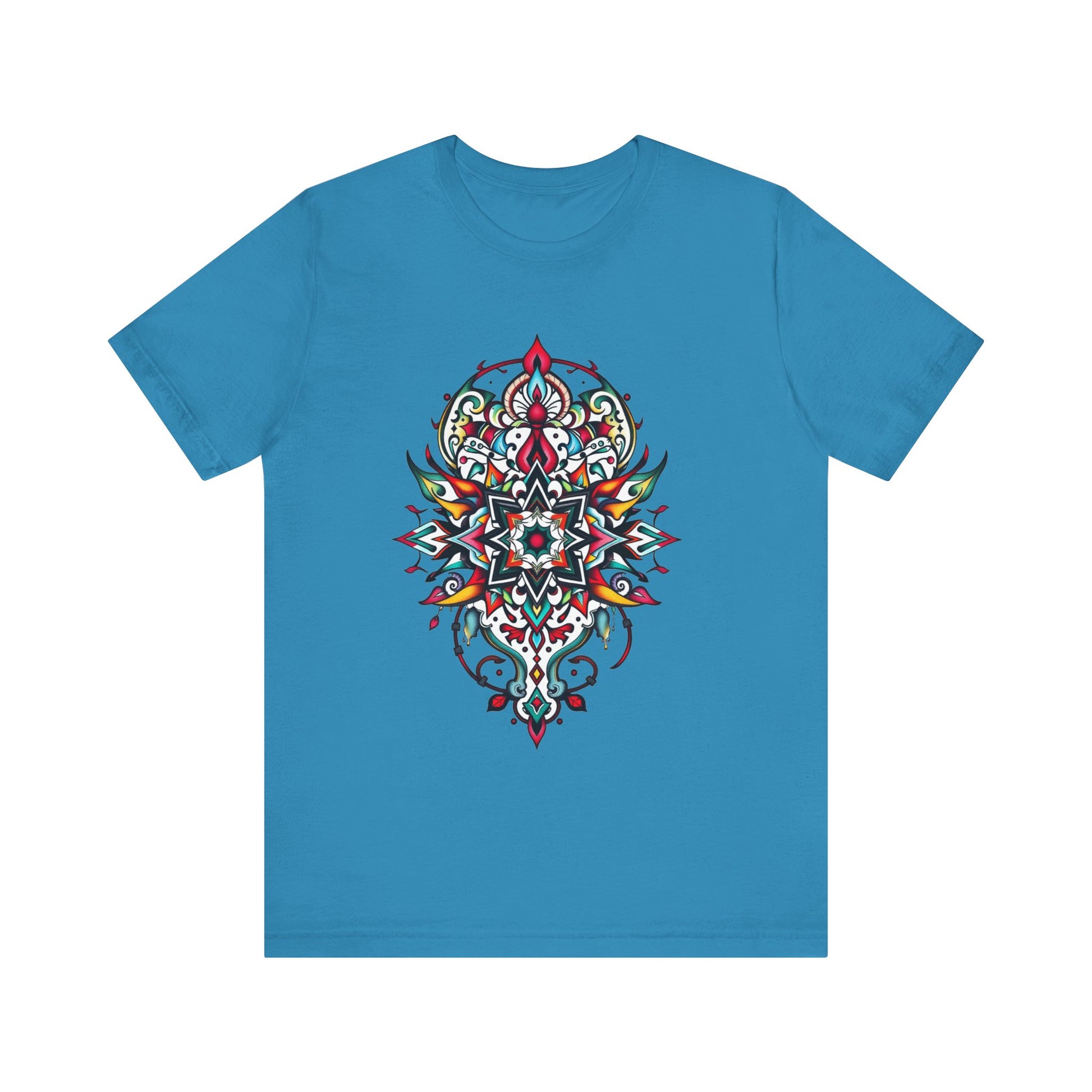 Bold tee featuring a vibrant, intricate mandala design, offered in multiple color options