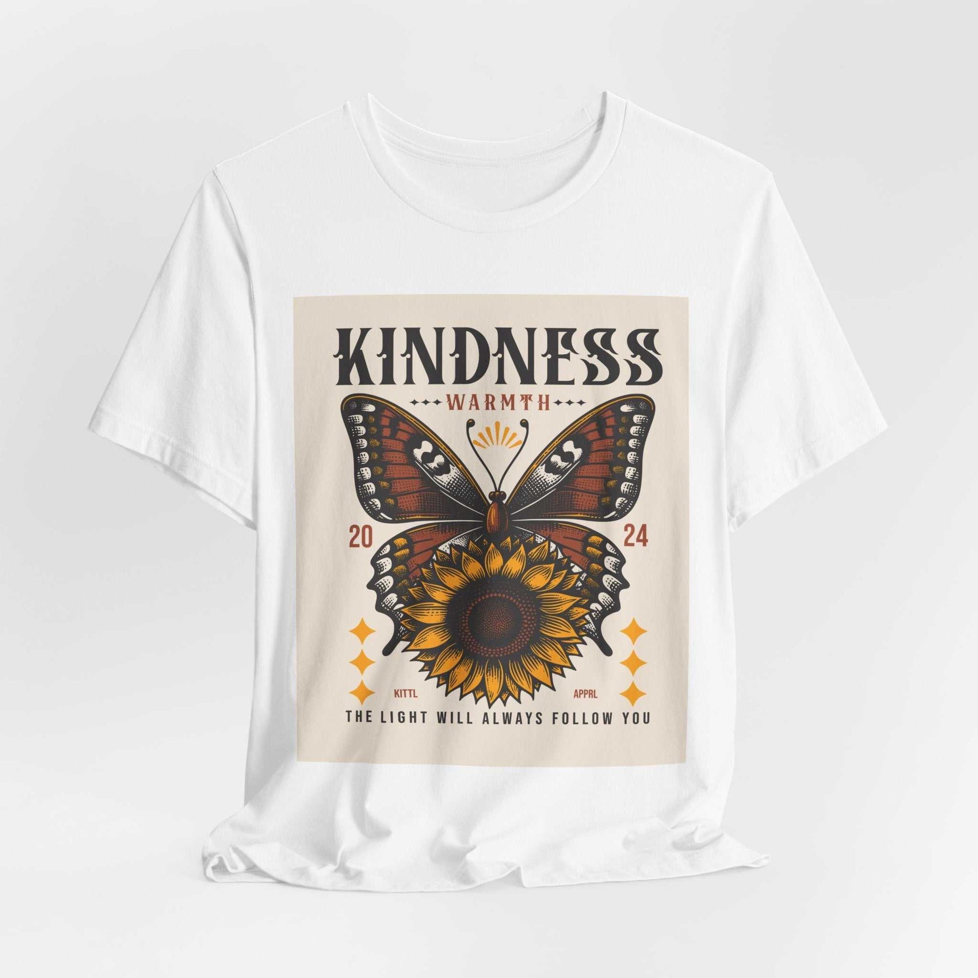 White unisex tee with kindness butterfly and sunflower design and positive message