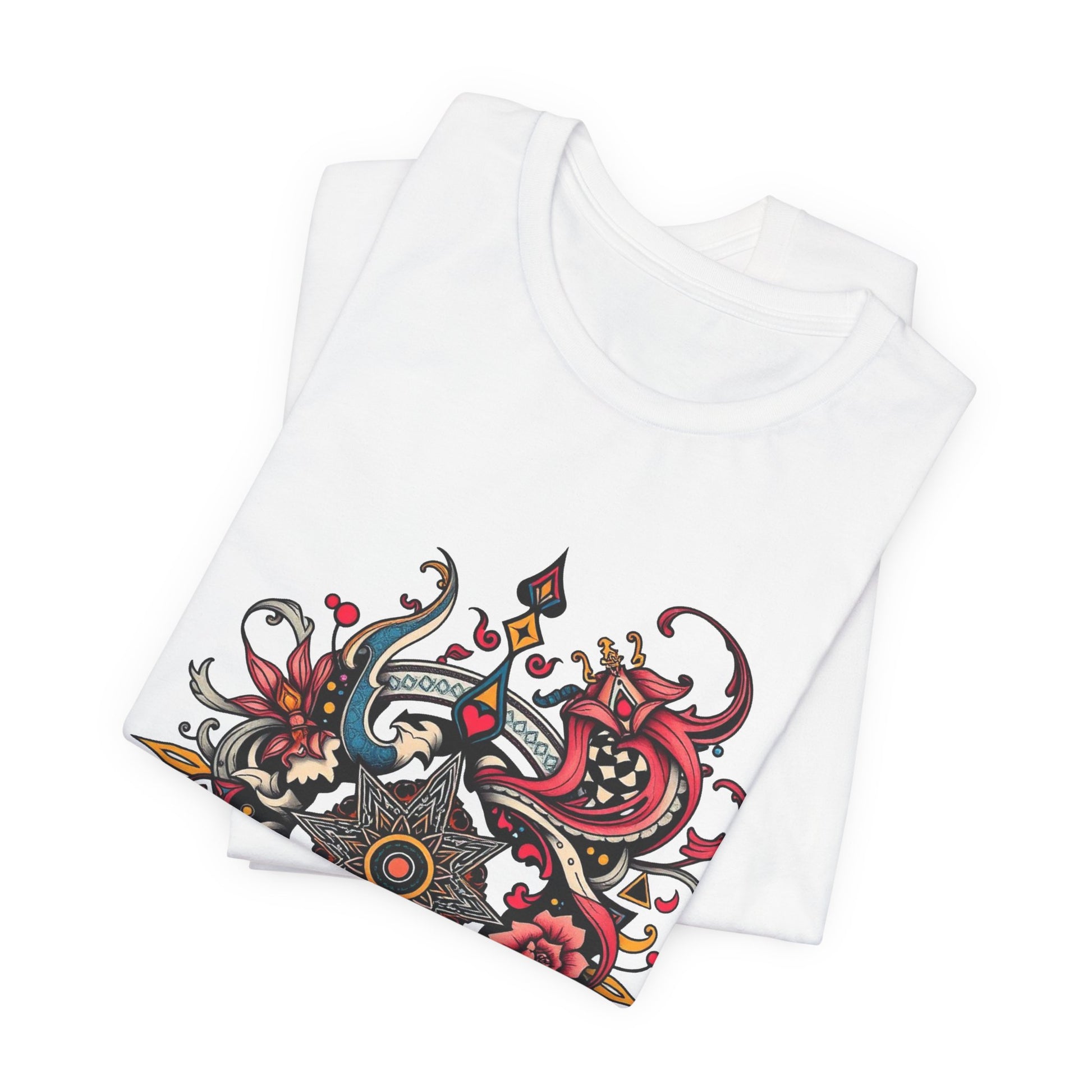 Vibrant tee with ornate red floral mandala design, offered in multiple bold color options
