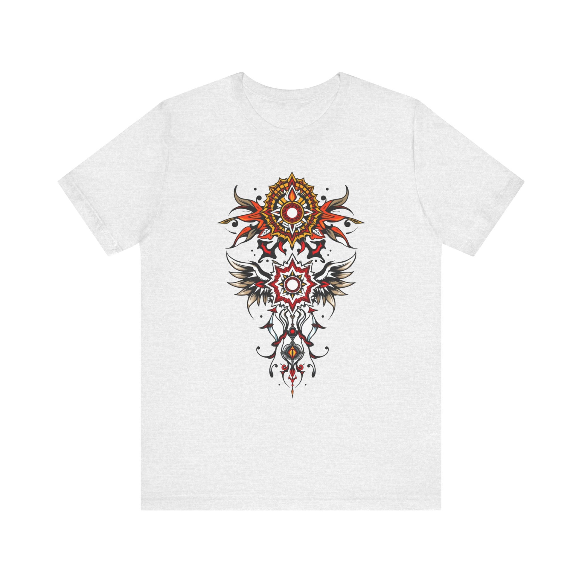 Turn heads in this tee, available in vibrant colors, showcasing a fiery red and gold tribal mandala for bold, artistic style