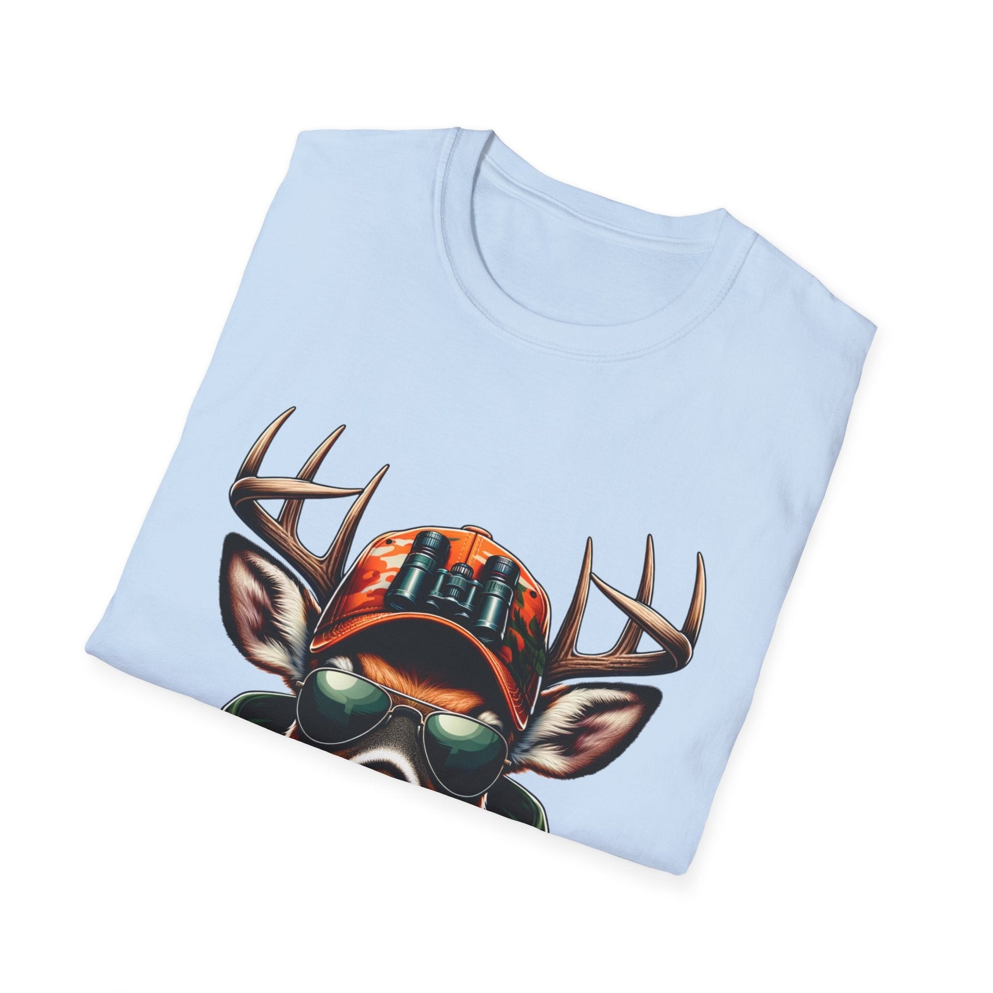 Light blue Hunting Enthusiast T-Shirt featuring a deer wearing a camo cap with binoculars and sunglasses design.