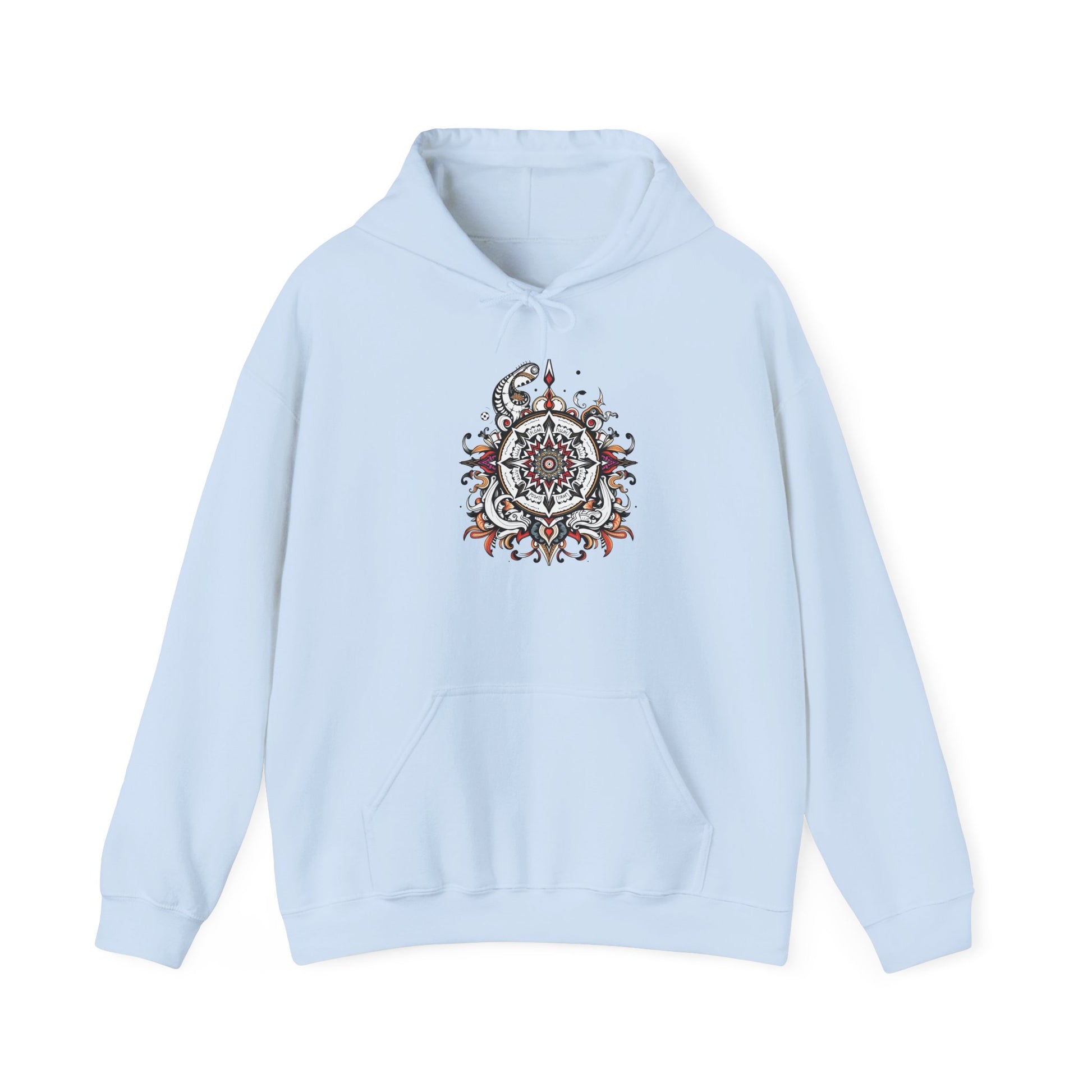 Cozy hoodie featuring a striking black, red, and white mandala, offered in vibrant color choices