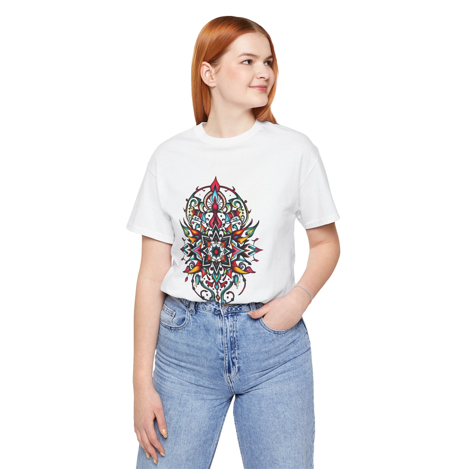 Bold tee featuring a vibrant, intricate mandala design, offered in multiple color options