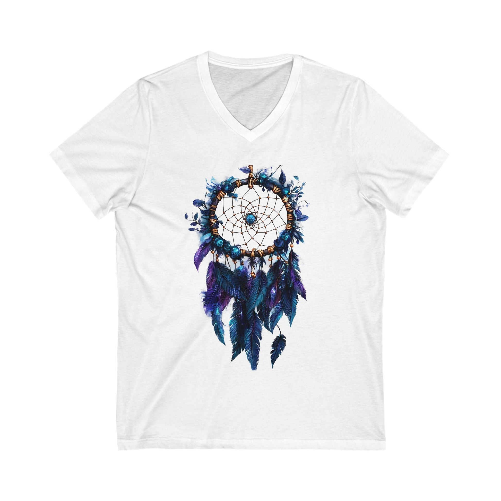 White unisex V-neck tee featuring a detailed dreamcatcher design with blue and purple feathers.