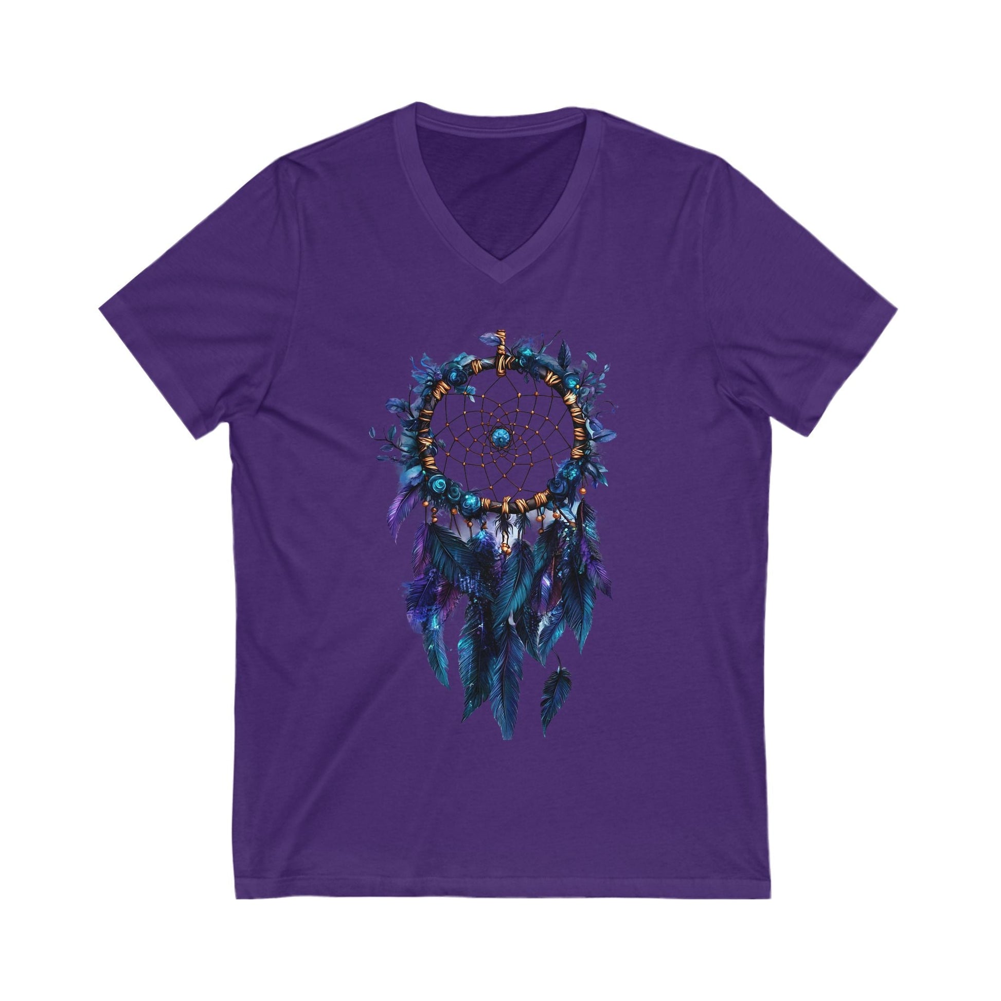 Purple Dreamcatcher V-Neck Tee with feather design, lightweight cotton, unisex fit