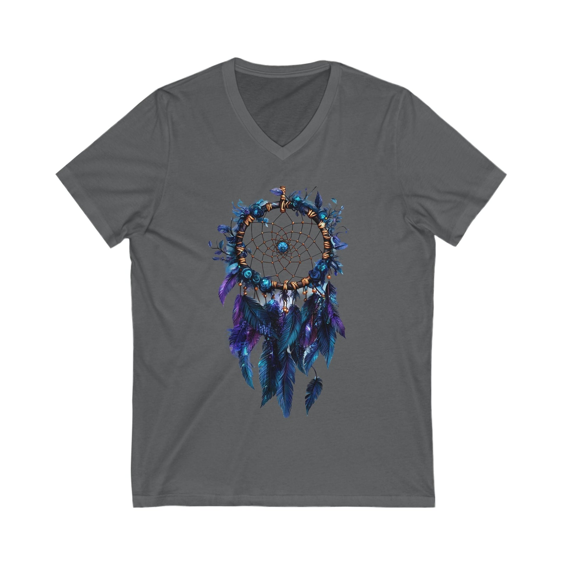 Gray unisex V-neck tee featuring a detailed blue and purple dreamcatcher graphic on the front.