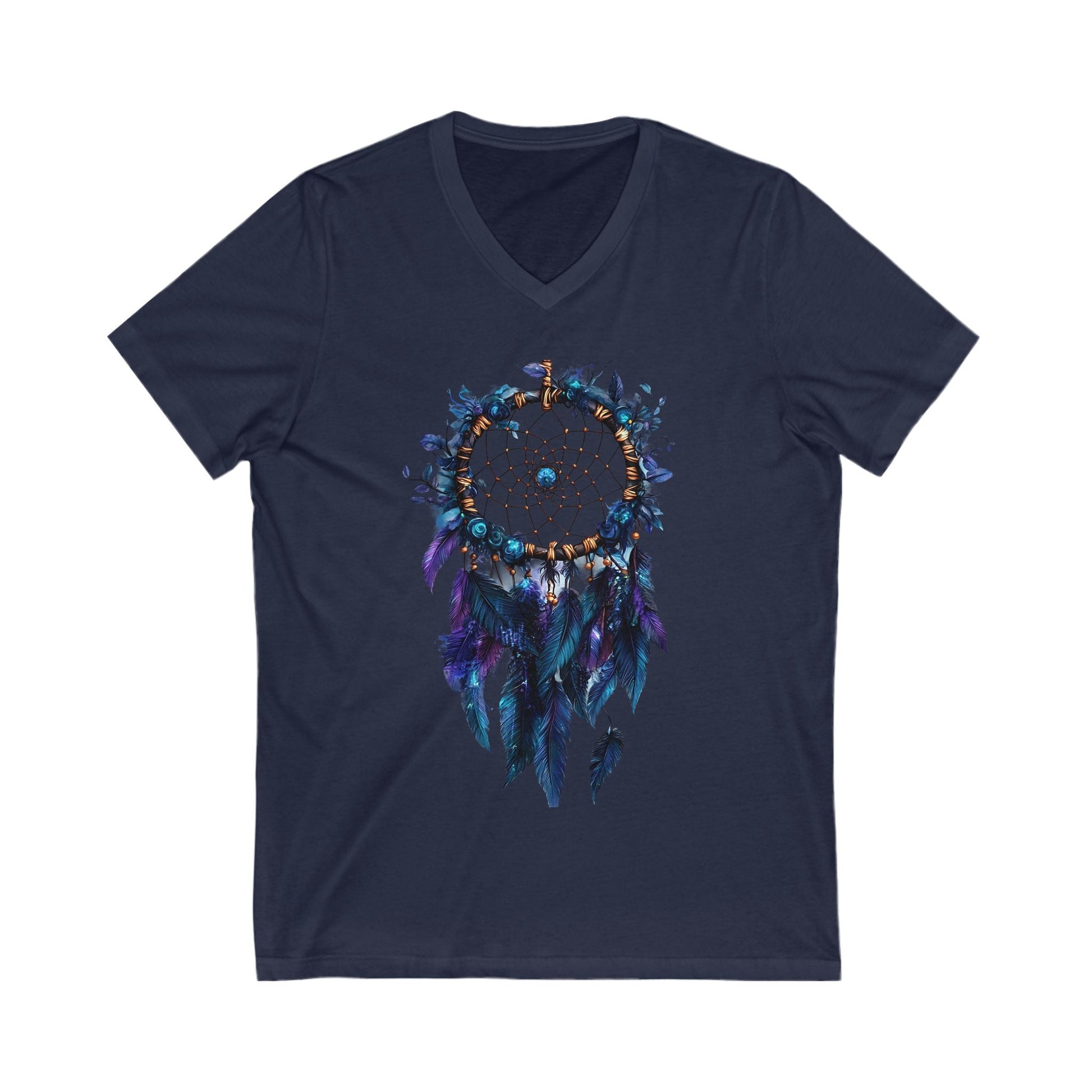 Navy blue Dreamcatcher V-Neck Tee with detailed feather and bead design on front, unisex short sleeve cotton shirt
