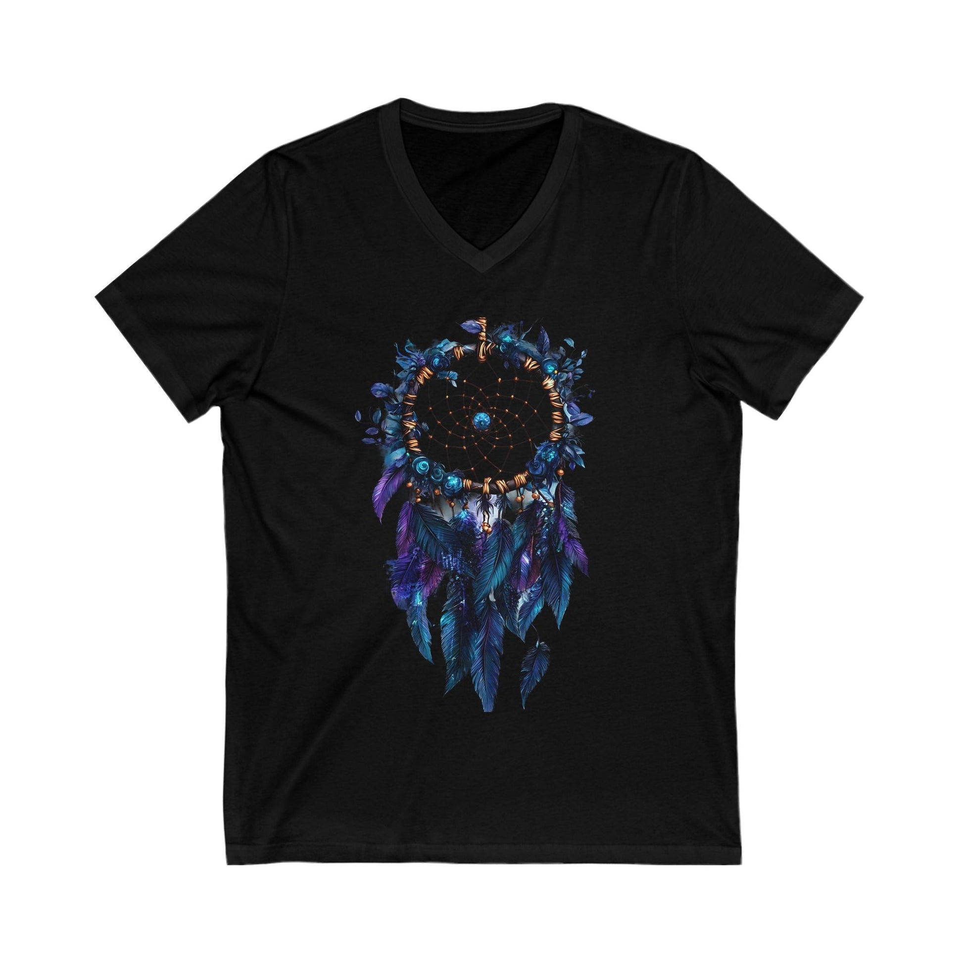 Black V-neck tee with blue dreamcatcher design and short sleeves