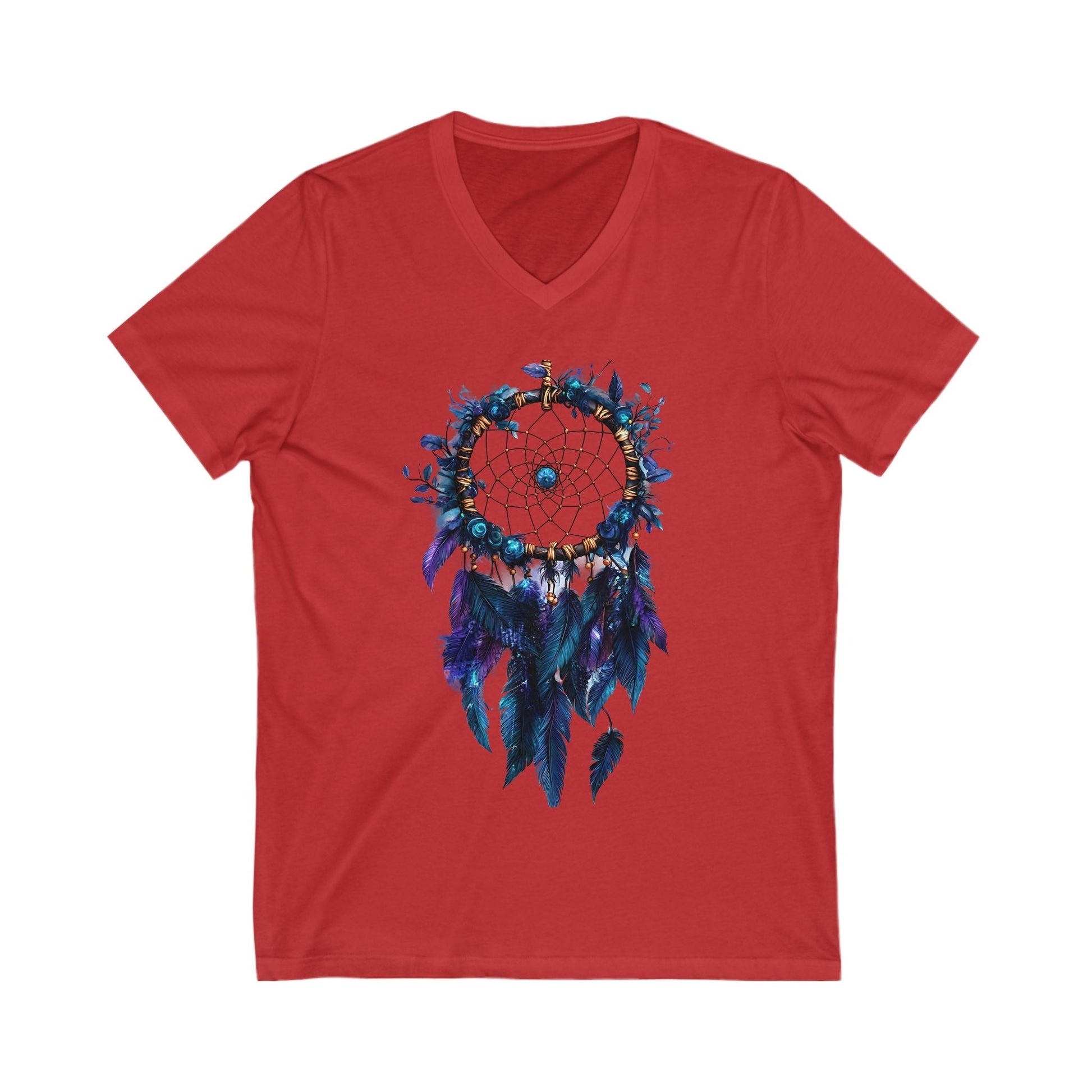 Red V-neck t-shirt with blue dreamcatcher graphic design on front, unisex short sleeve tee