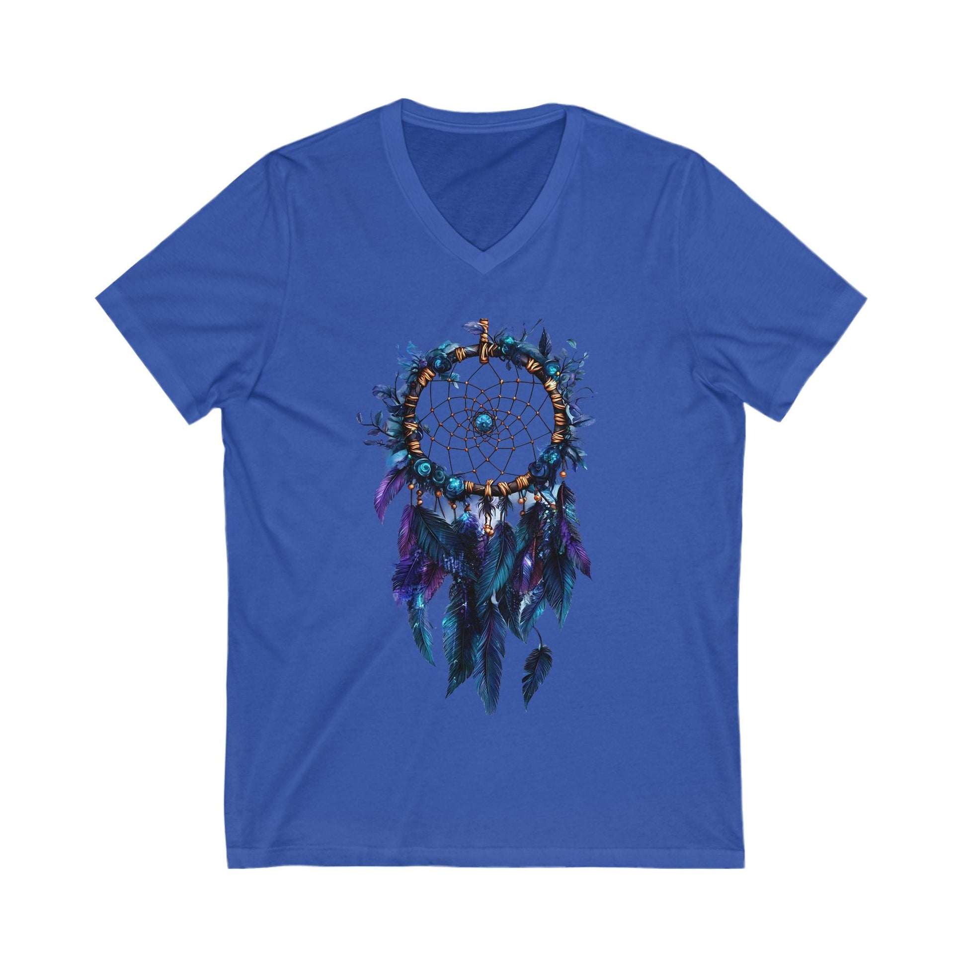 Blue Dreamcatcher V-Neck Tee with feather design on front, made of lightweight cotton, unisex fit