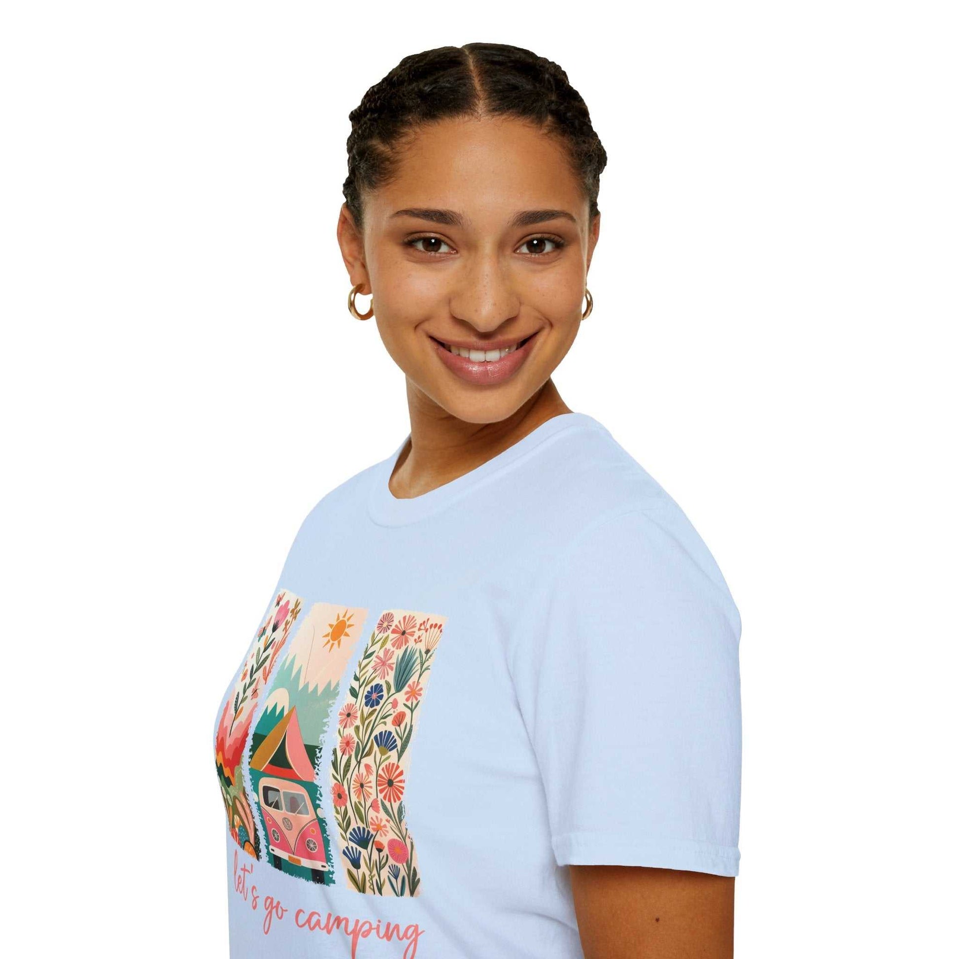 Unisex softstyle t-shirt with colorful camping adventure print, lightweight cotton fabric, classic crew neck, and short sleeves.