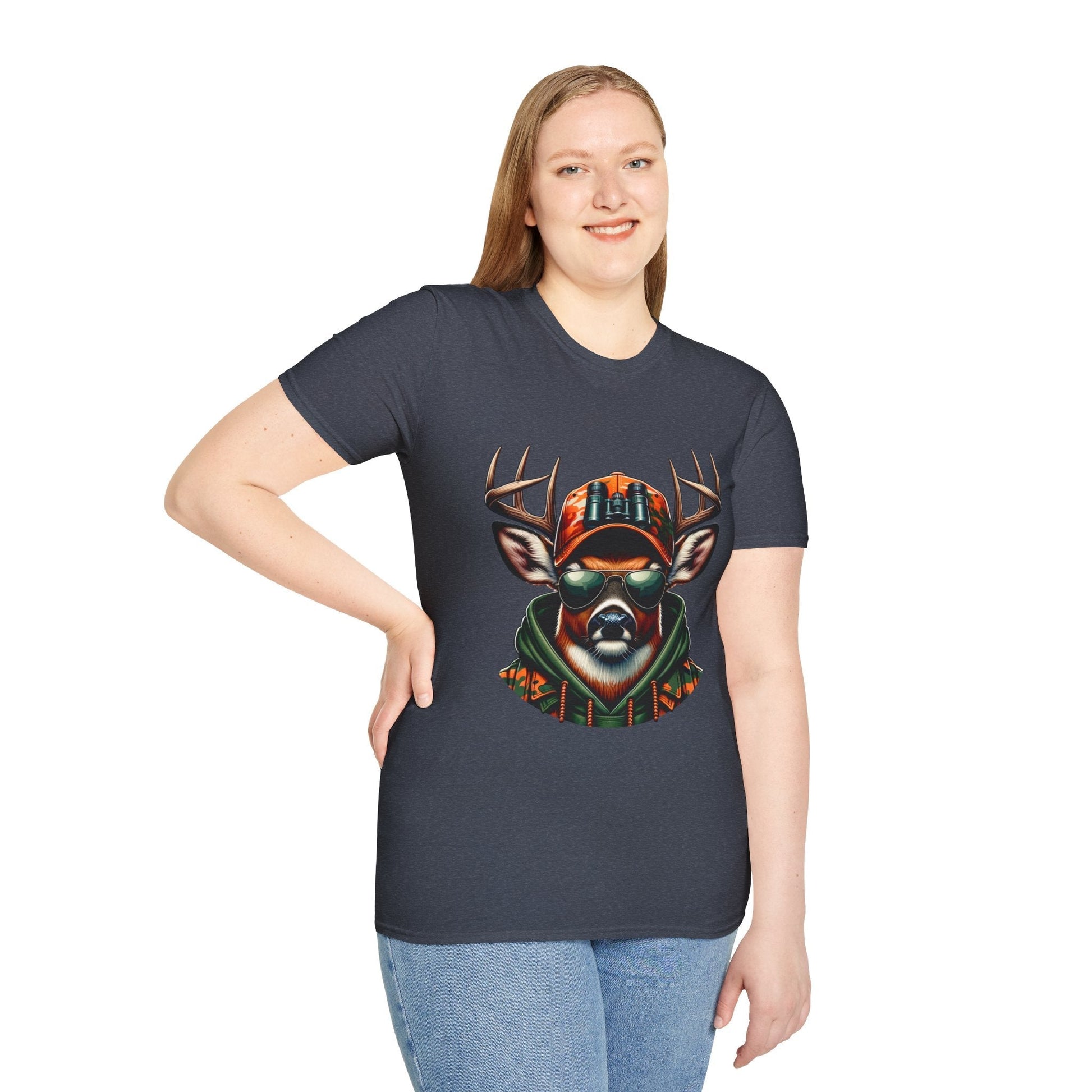 Hunting Enthusiast T-Shirt featuring a cool deer graphic wearing a cap and sunglasses on a navy soft cotton tee.