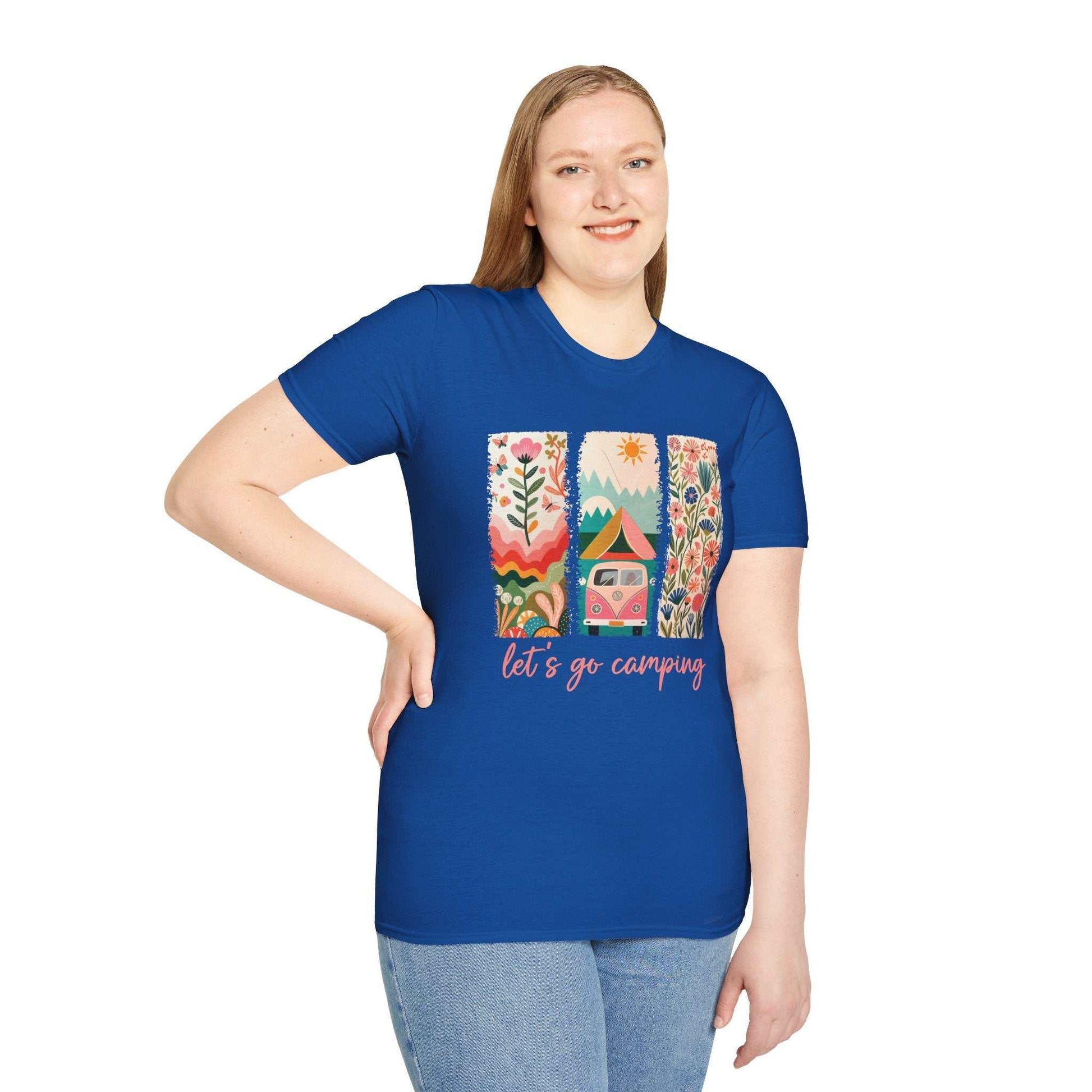 Woman wearing blue Camping Adventure unisex softstyle t-shirt with colorful camping design and "let's go camping" text.