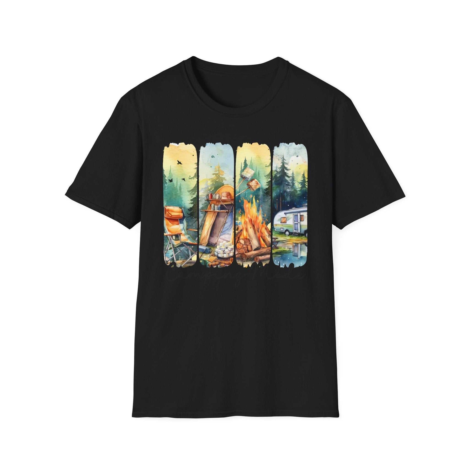 Black unisex t-shirt with colorful camping adventure scene print featuring a campfire, tent, trees, chair, and camper trailer