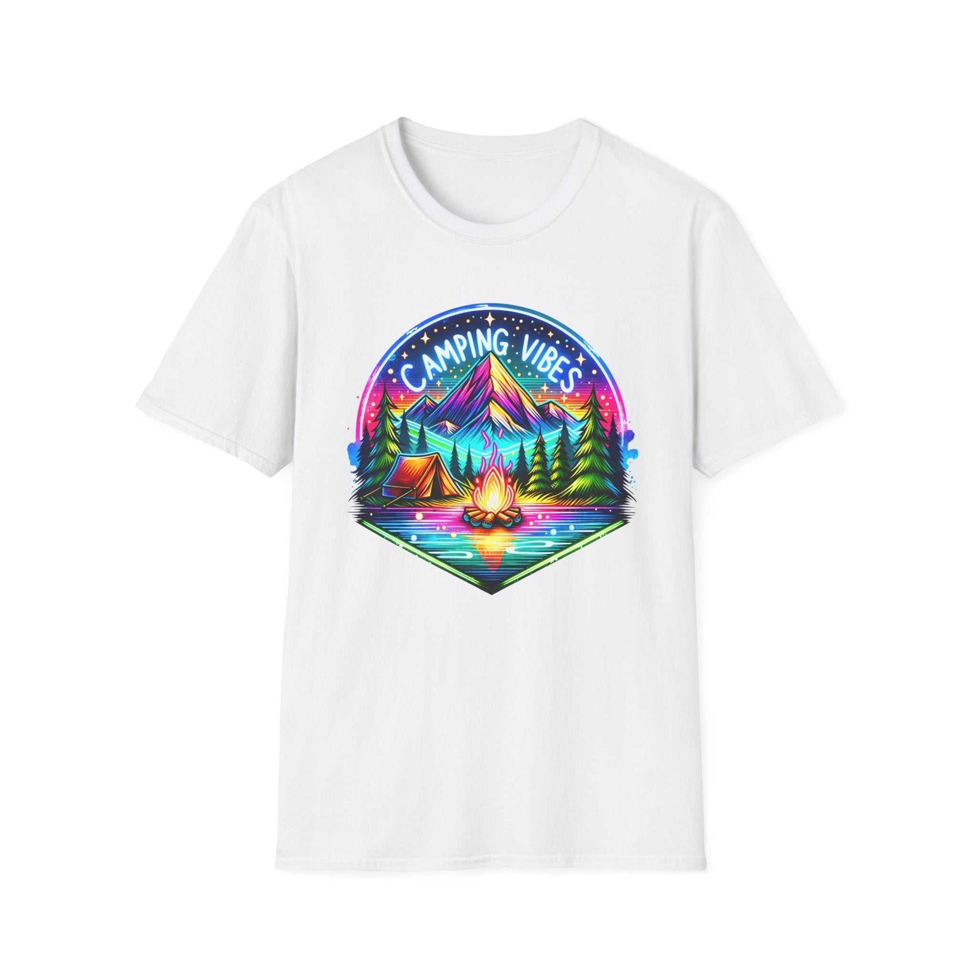 White unisex softstyle t-shirt with colorful camping vibes graphic featuring a campfire, tent, pine trees, and mountains.
