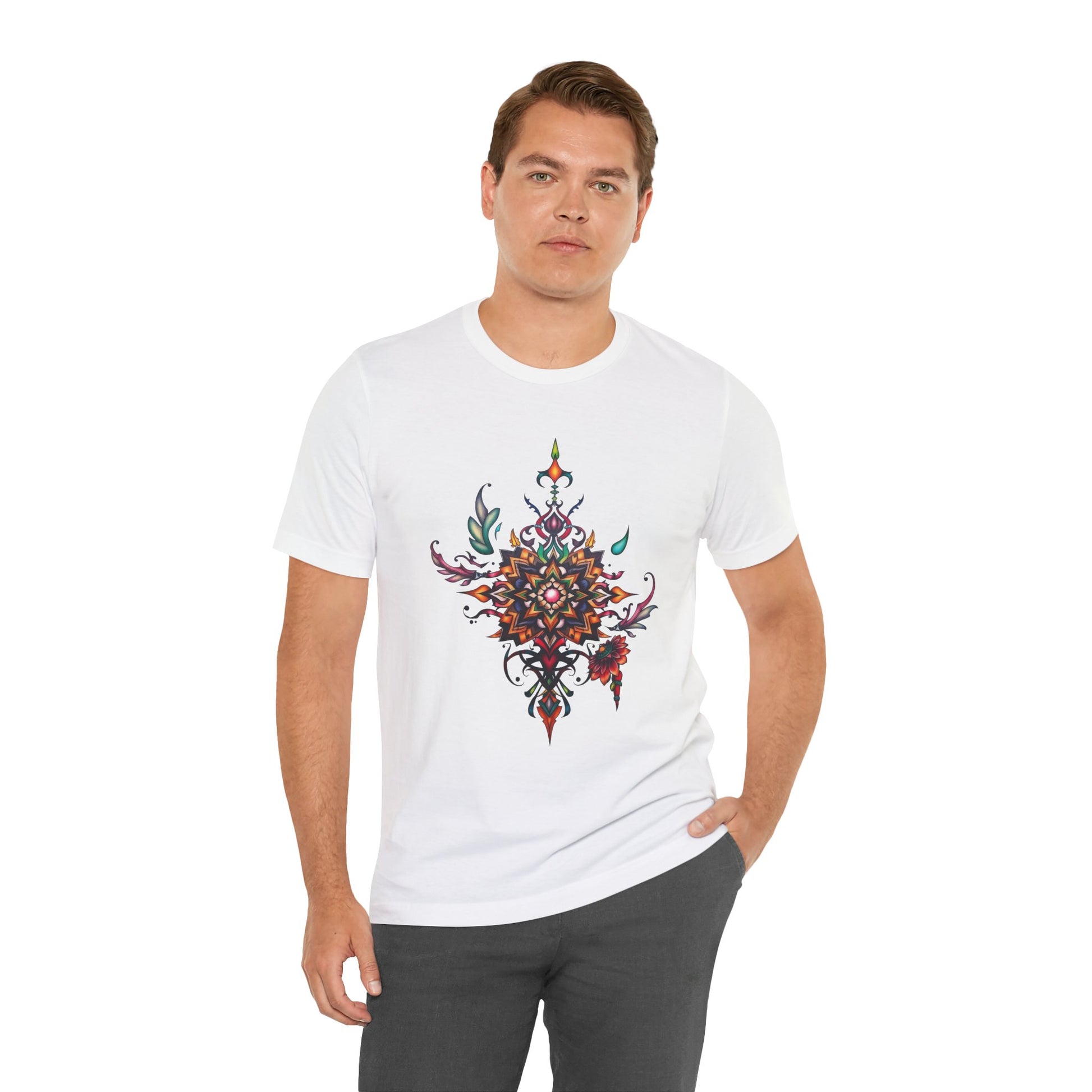 Colorful tee with an ornate mandala and floral design, available in vibrant color options