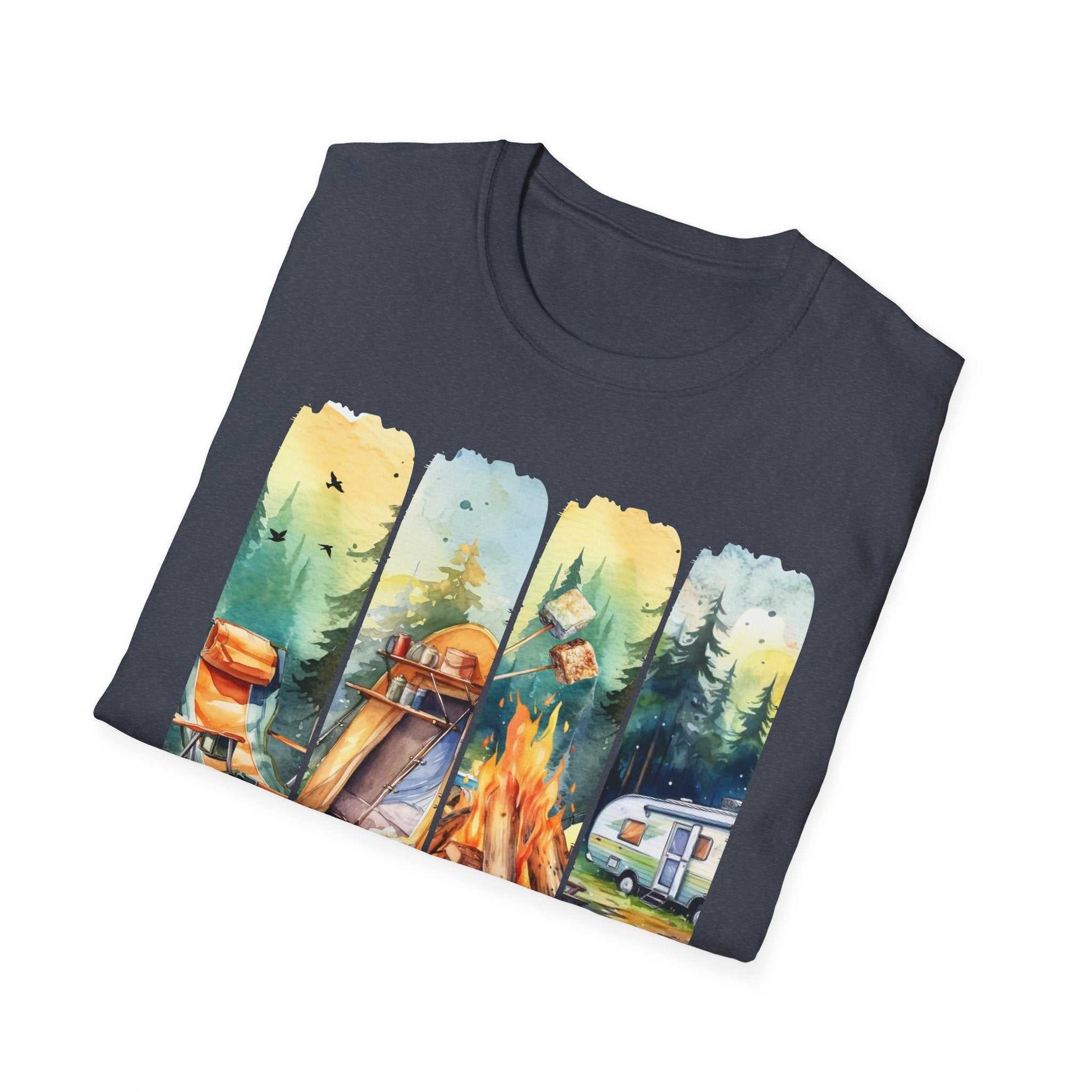 Camping Adventure Unisex T-Shirt with colorful camping-themed print on dark fabric made of soft ring-spun cotton