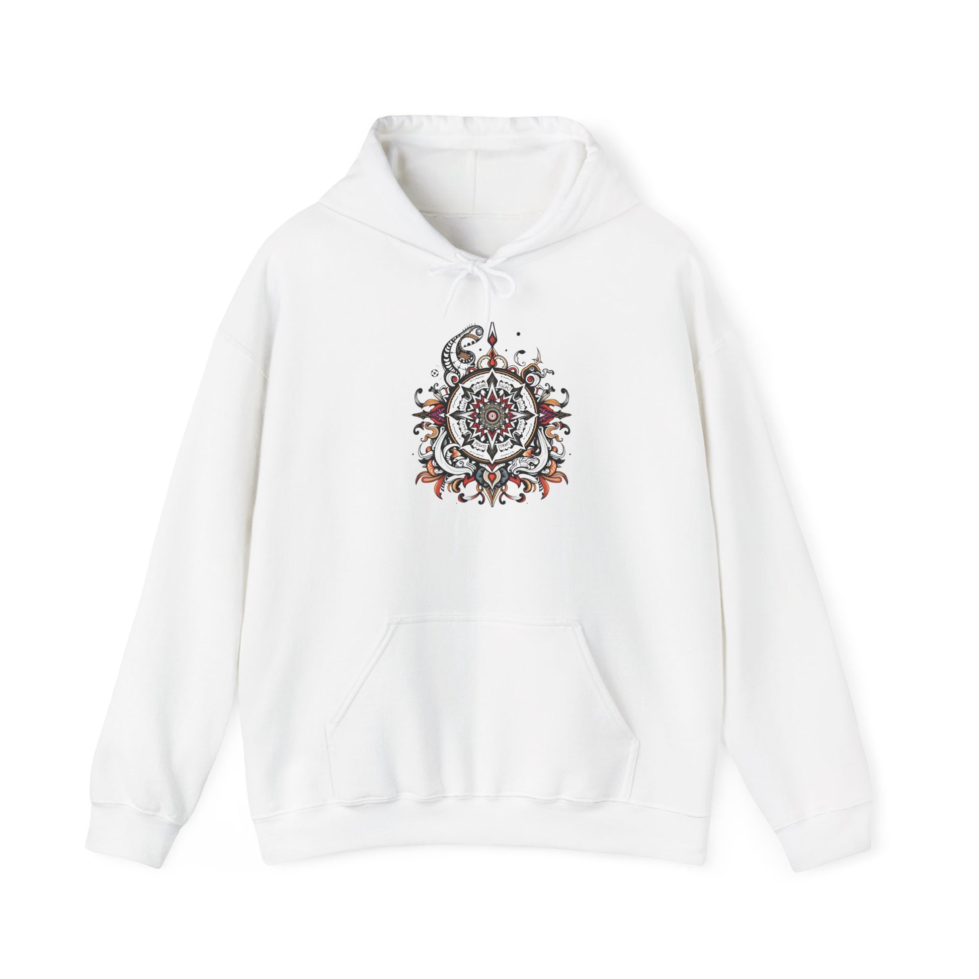 Cozy hoodie featuring a striking black, red, and white mandala, offered in vibrant color choices