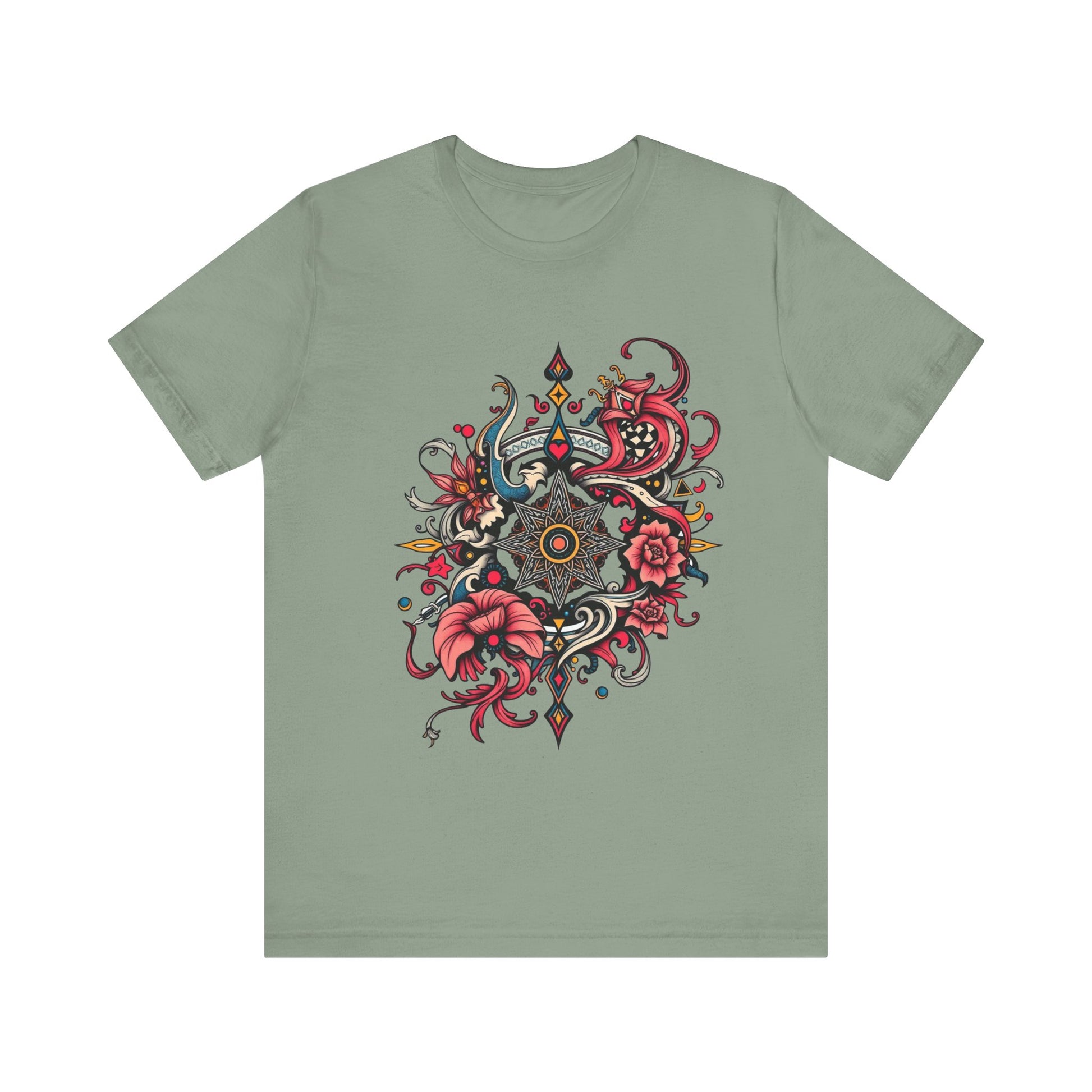 Vibrant tee with ornate red floral mandala design, offered in multiple bold color options