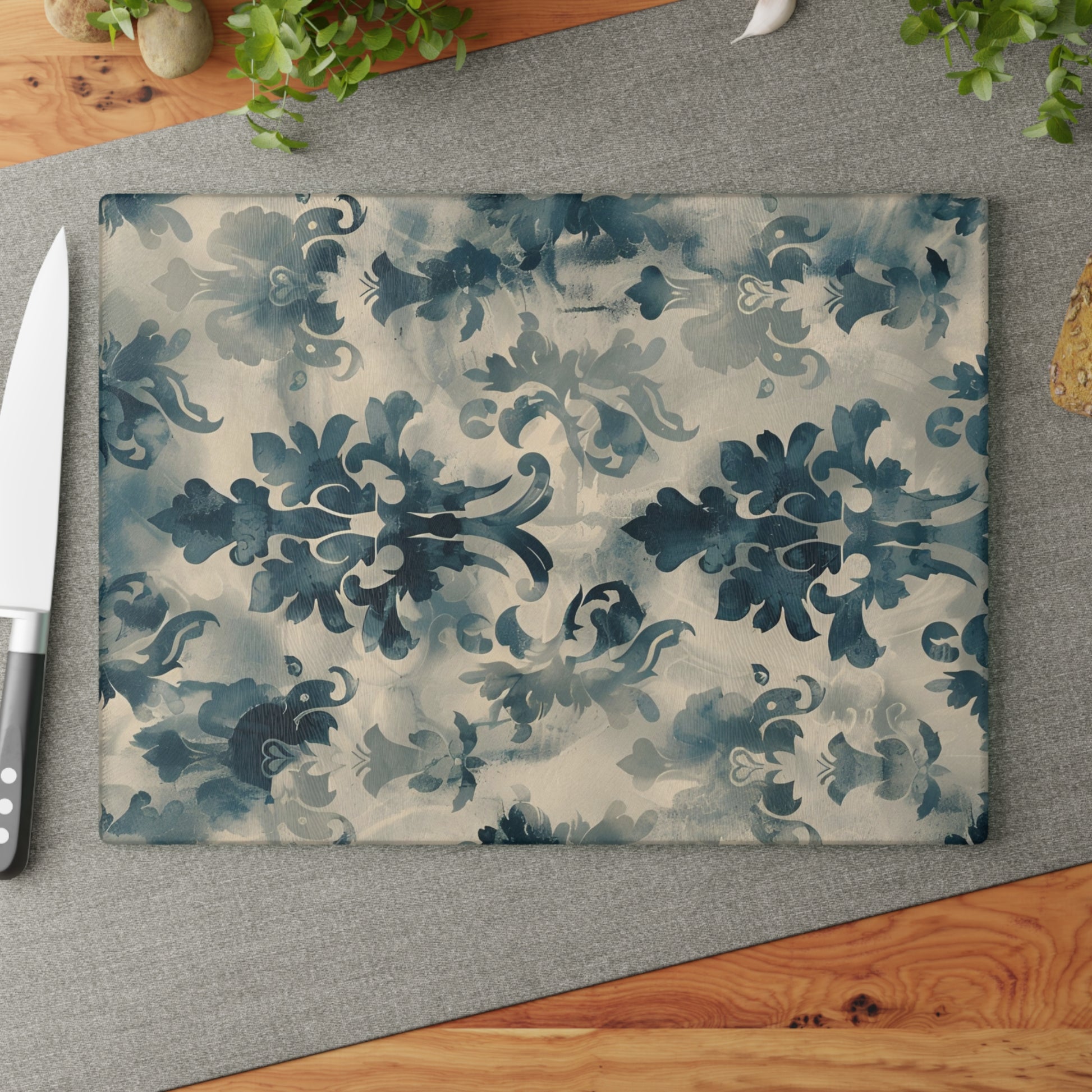 Blue Damask Pattern Glass Cutting Board with Vintage Style