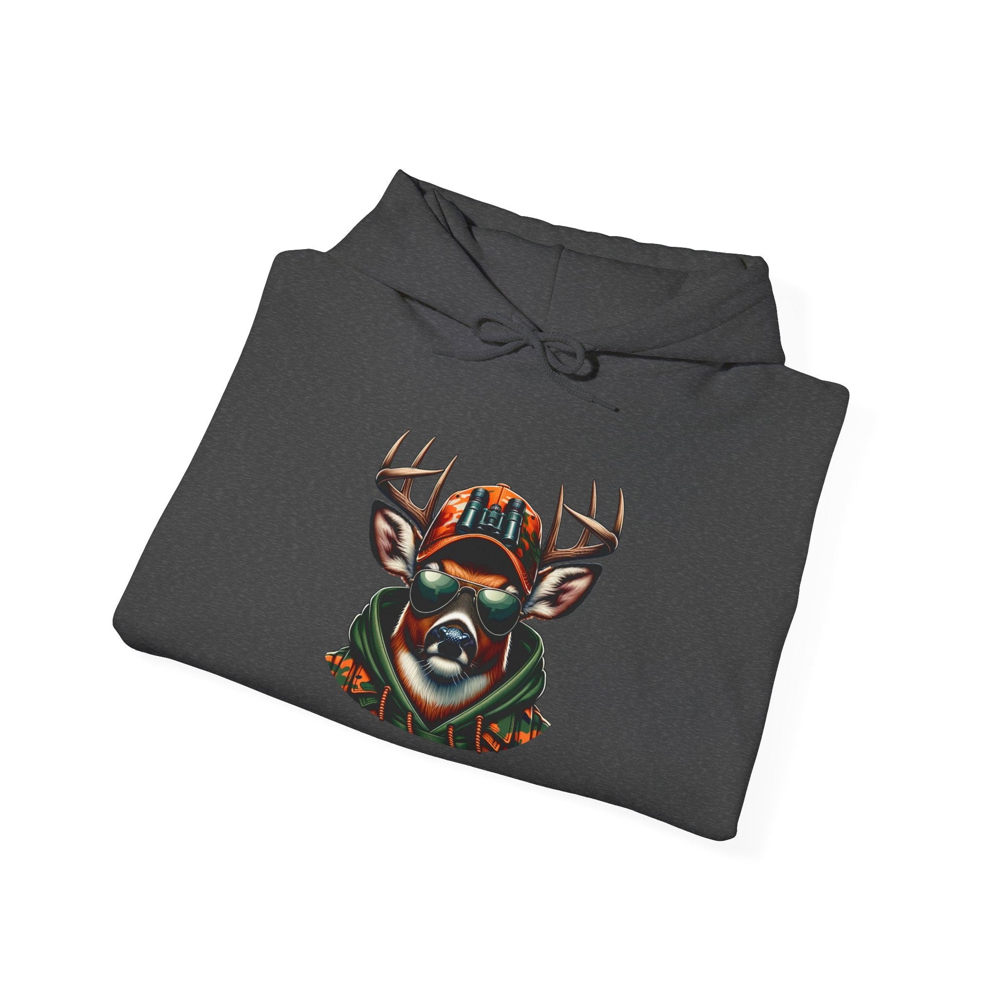 Folded dark gray hooded sweatshirt featuring a bold graphic of a deer wearing sunglasses and an orange camo hat